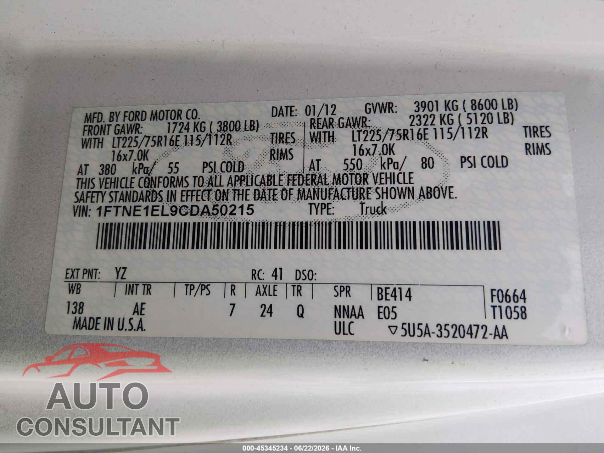 FORD E-150 2012 - 1FTNE1EL9CDA50215
