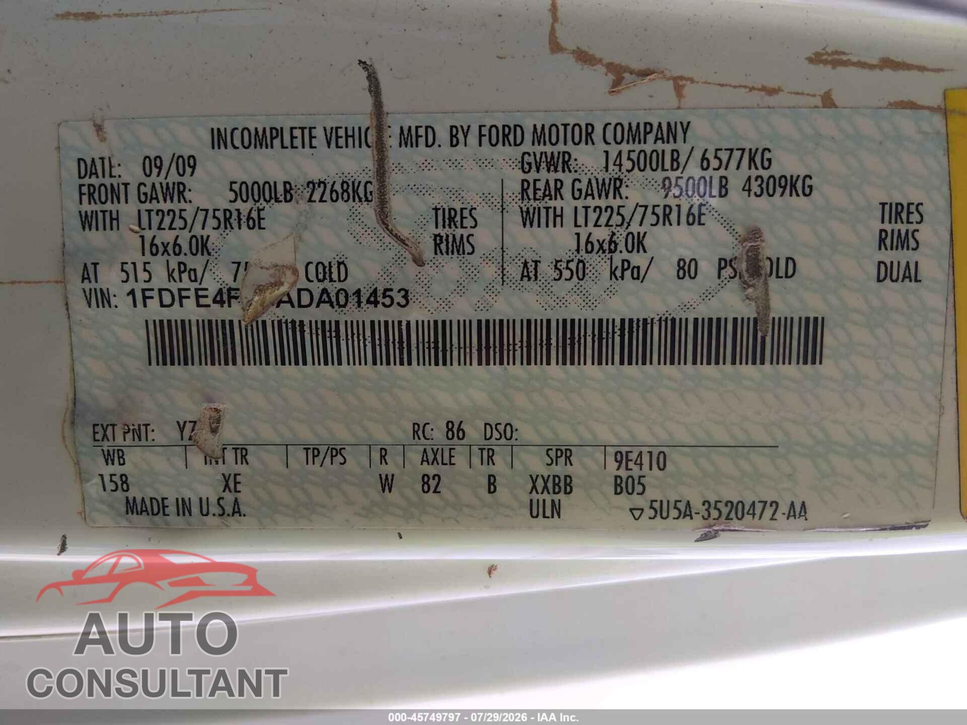 FORD E-450 CUTAWAY 2010 - 1FDFE4FP0ADA01453