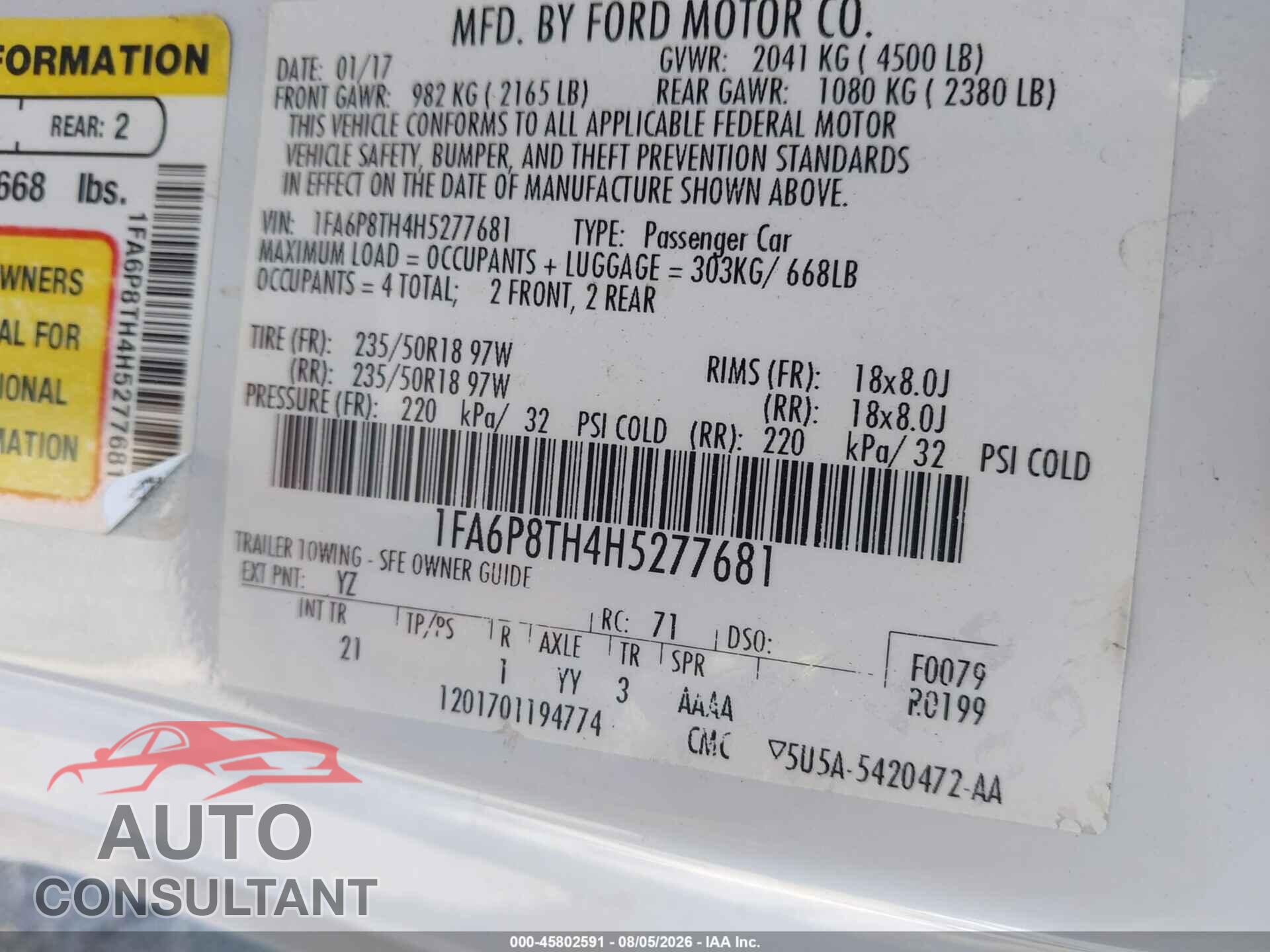 FORD MUSTANG 2017 - 1FA6P8TH4H5277681