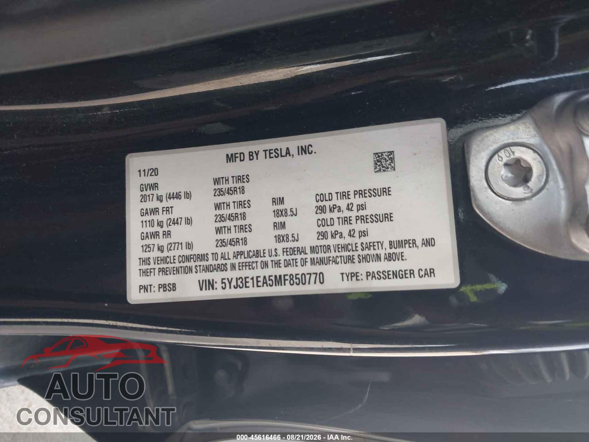 TESLA MODEL 3 2021 - 5YJ3E1EA5MF850770
