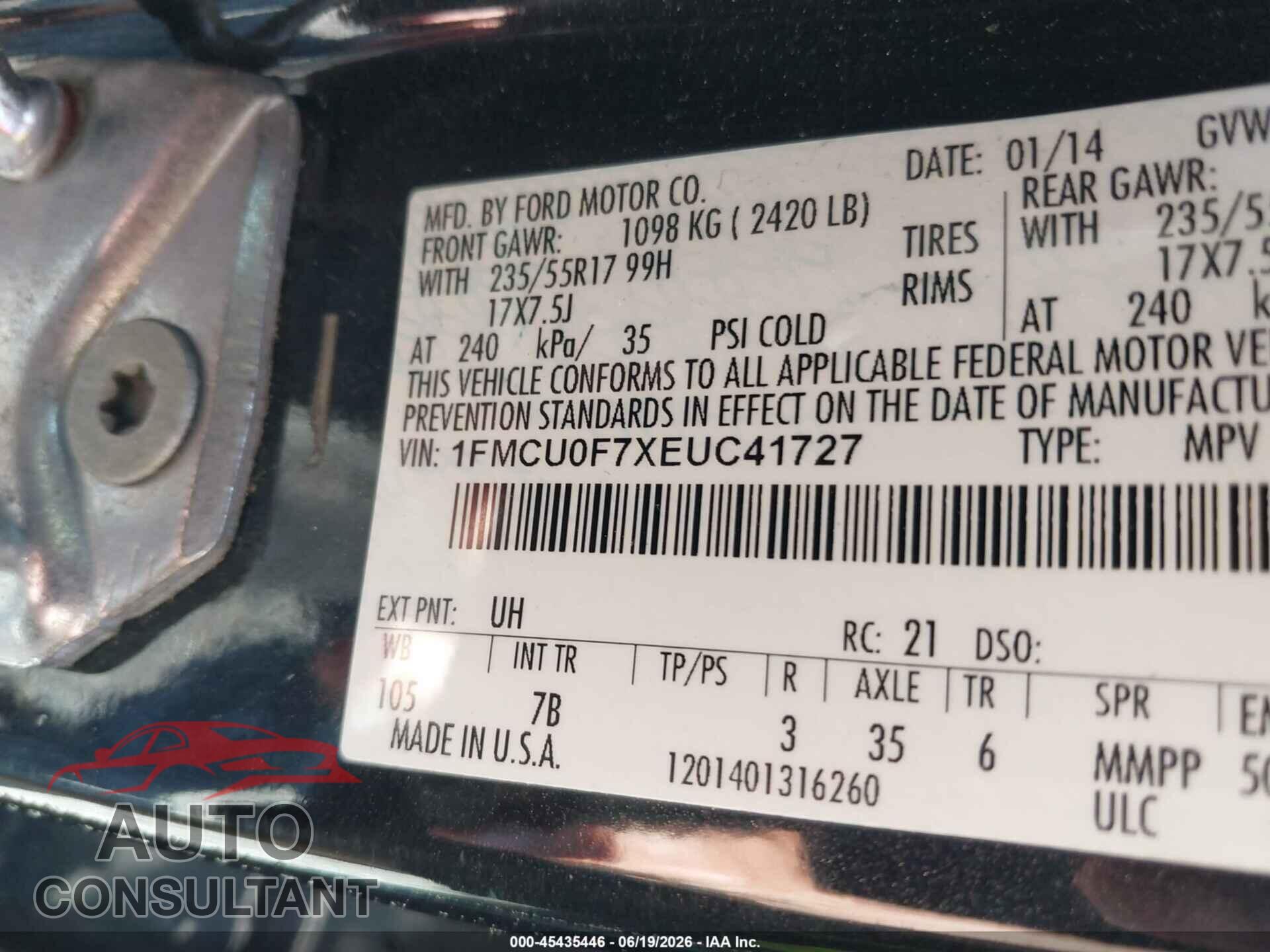 FORD ESCAPE 2014 - 1FMCU0F7XEUC41727