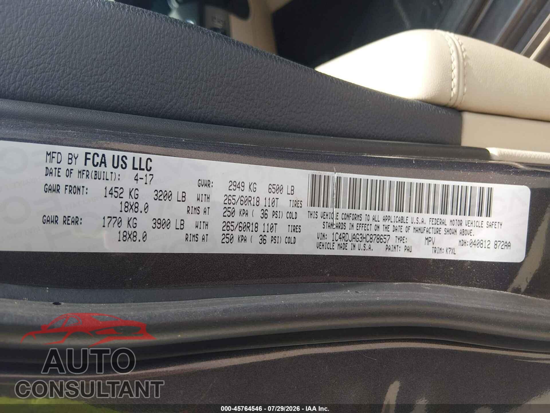 DODGE DURANGO 2017 - 1C4RDJAG3HC878657