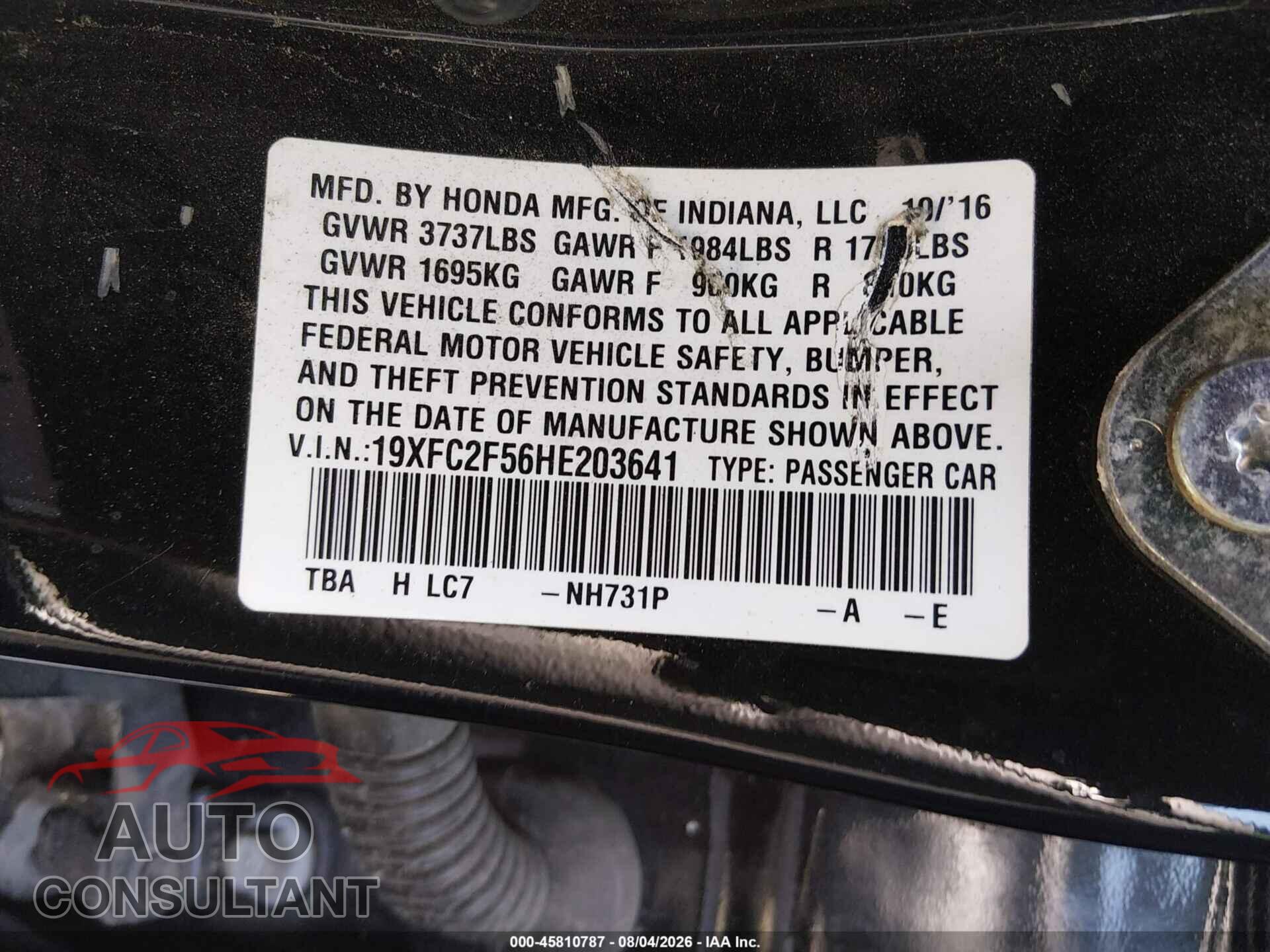HONDA CIVIC 2017 - 19XFC2F56HE203641
