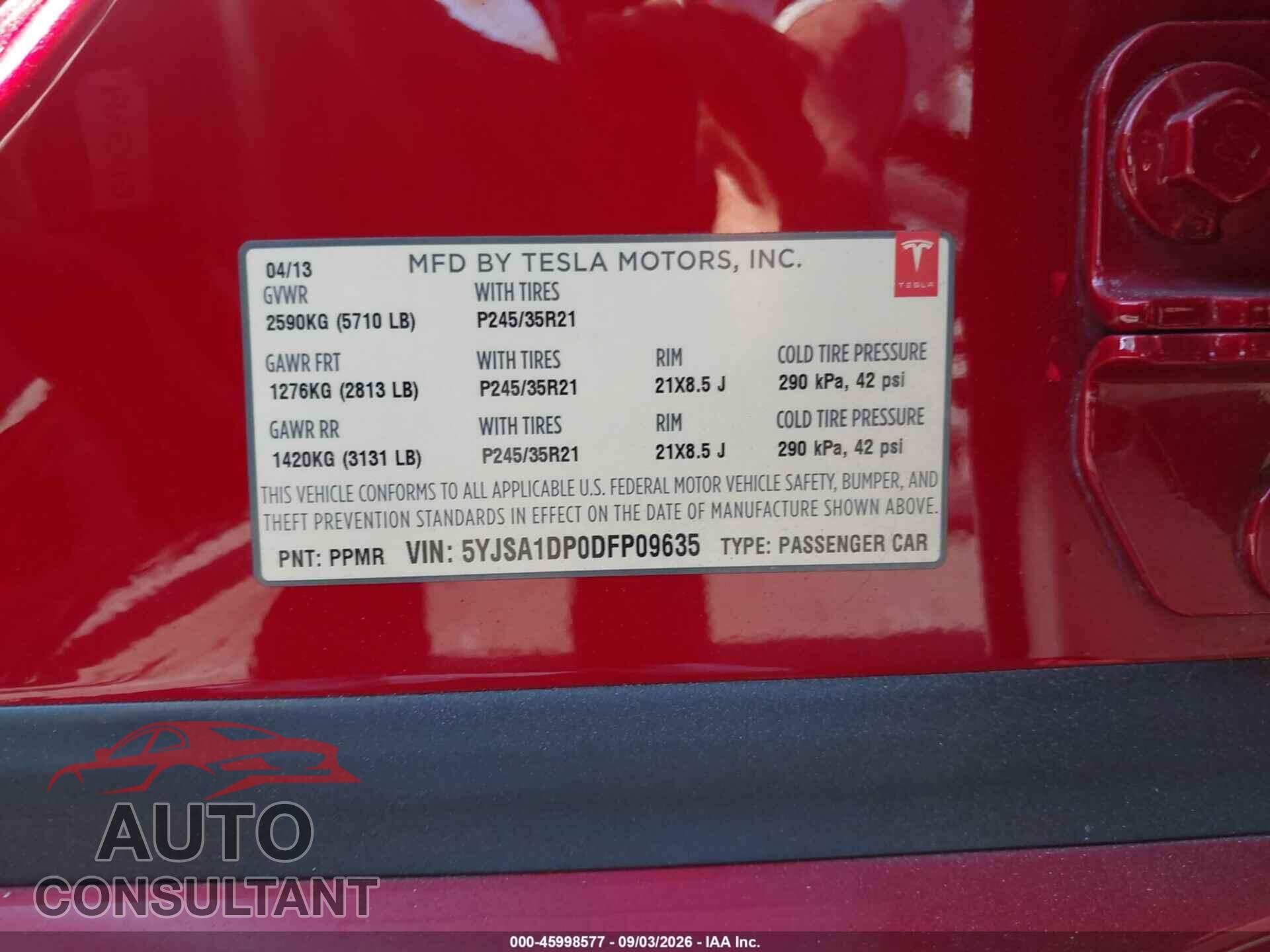 TESLA MODEL S 2013 - 5YJSA1DP0DFP09635