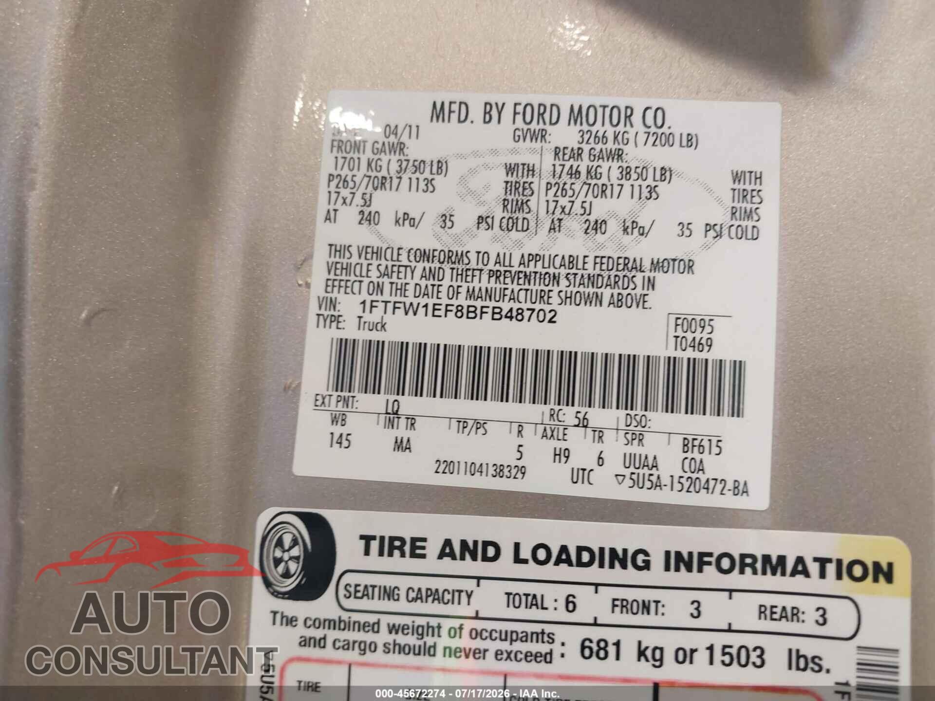 FORD F-150 2011 - 1FTFW1EF8BFB48702