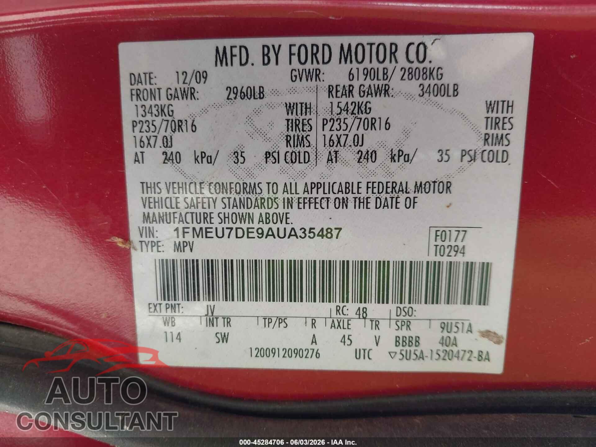 FORD EXPLORER 2010 - 1FMEU7DE9AUA35487