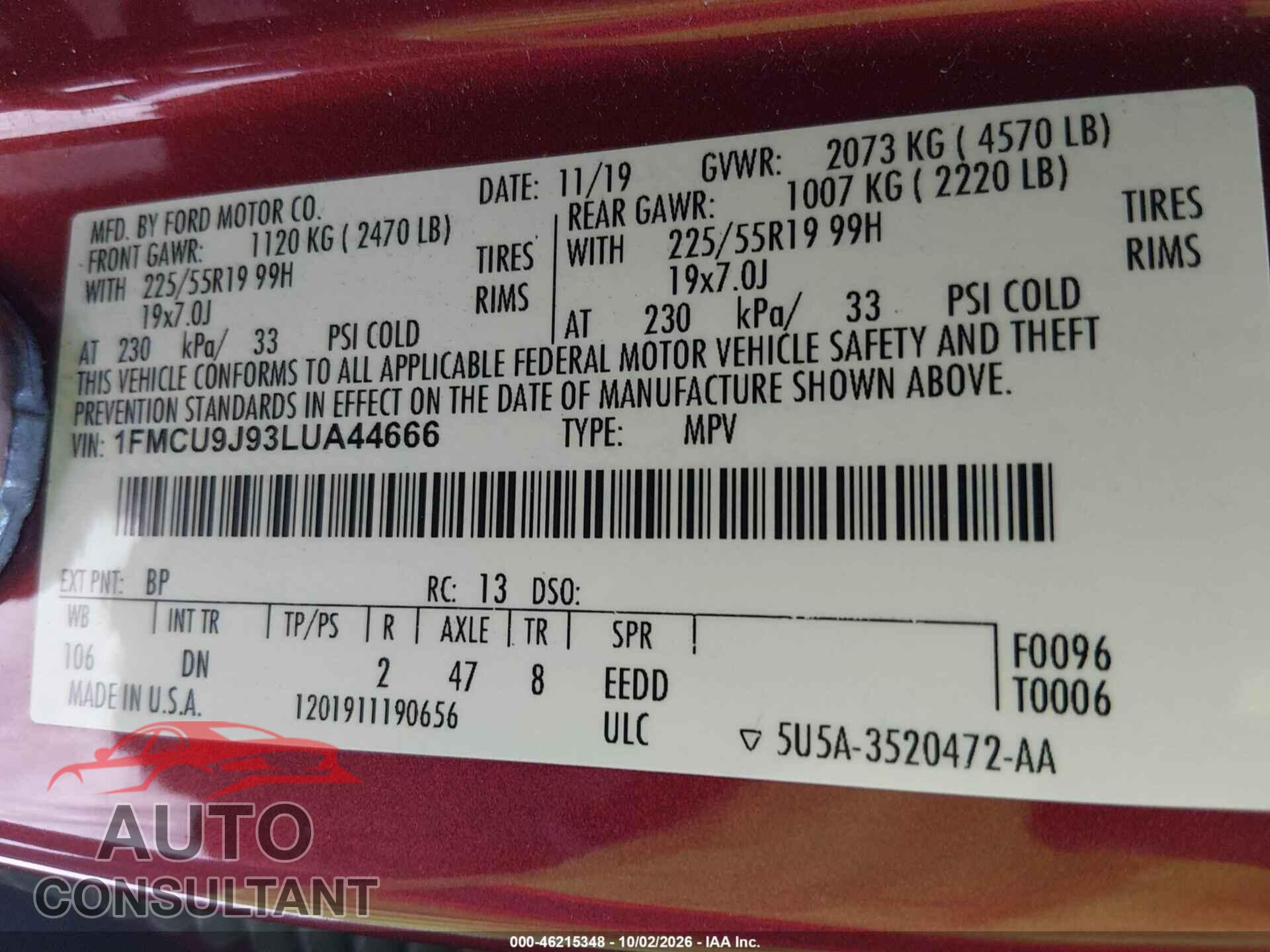 FORD ESCAPE 2020 - 1FMCU9J93LUA44666