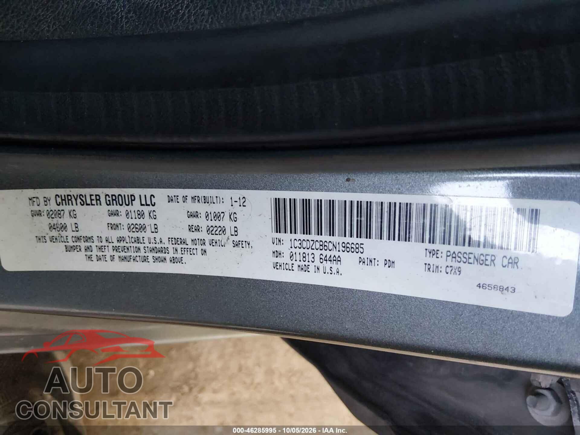 DODGE AVENGER 2012 - 1C3CDZCB6CN196685