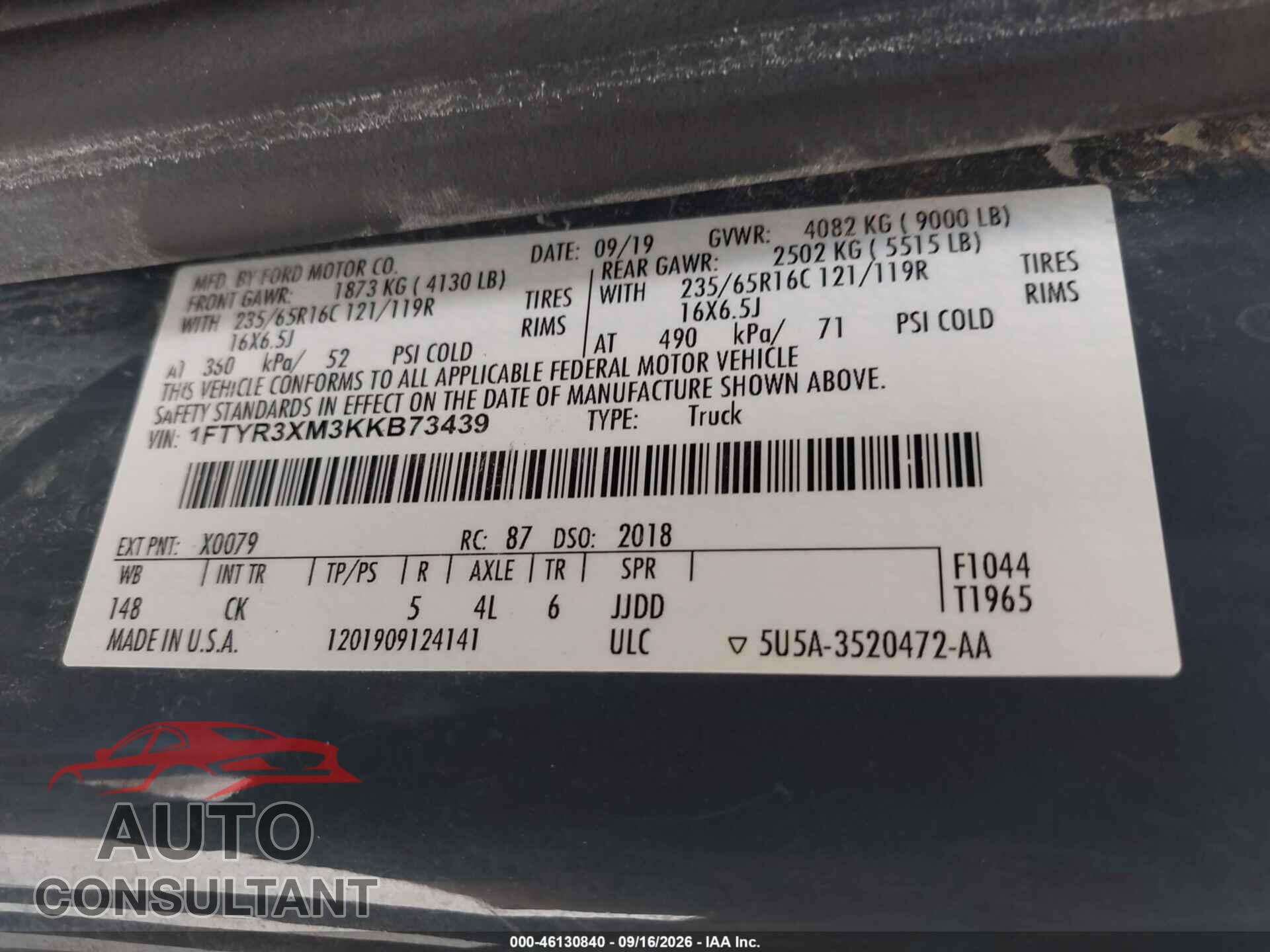 FORD TRANSIT-250 2019 - 1FTYR3XM3KKB73439