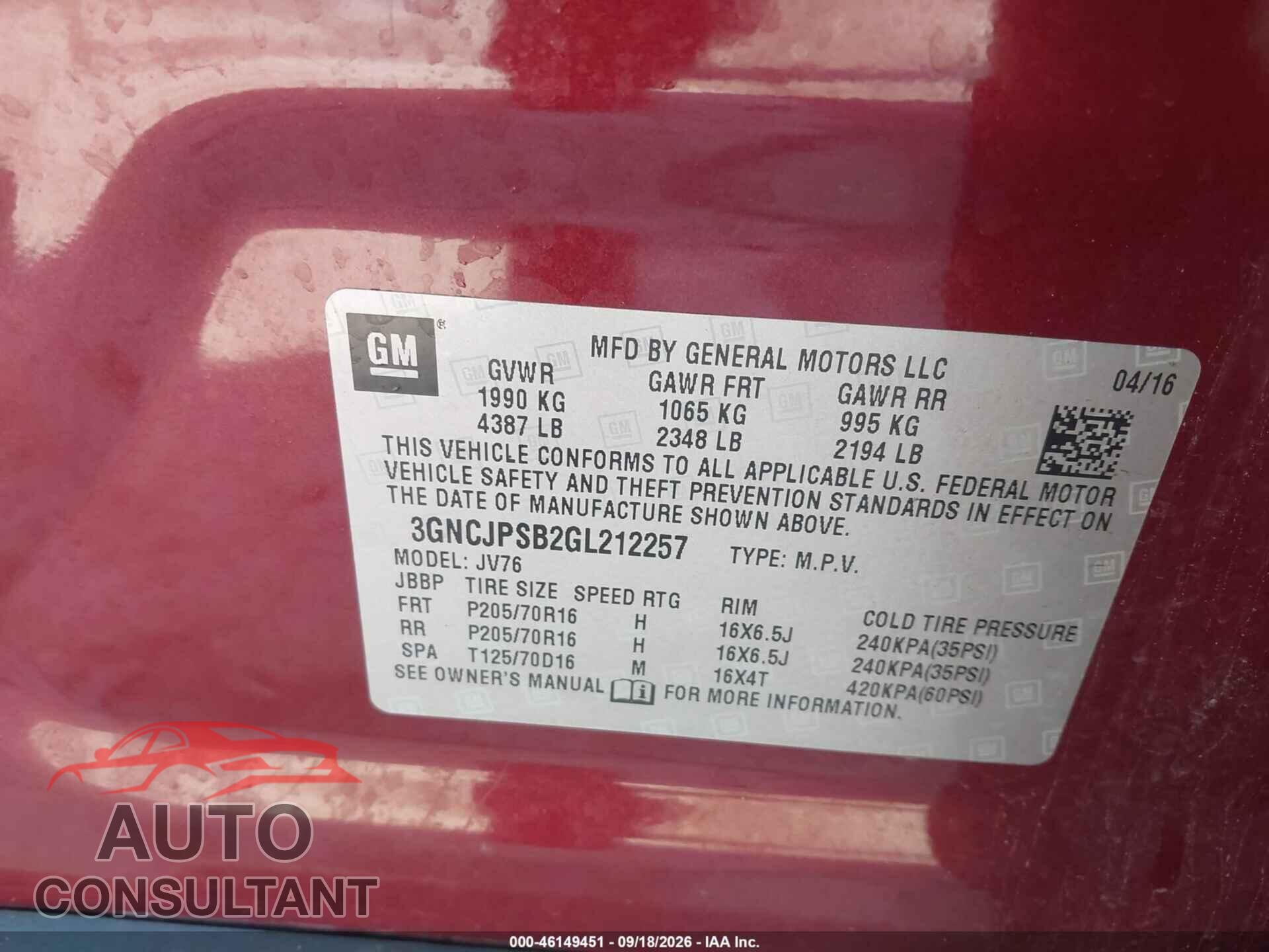 CHEVROLET TRAX 2016 - 3GNCJPSB2GL212257