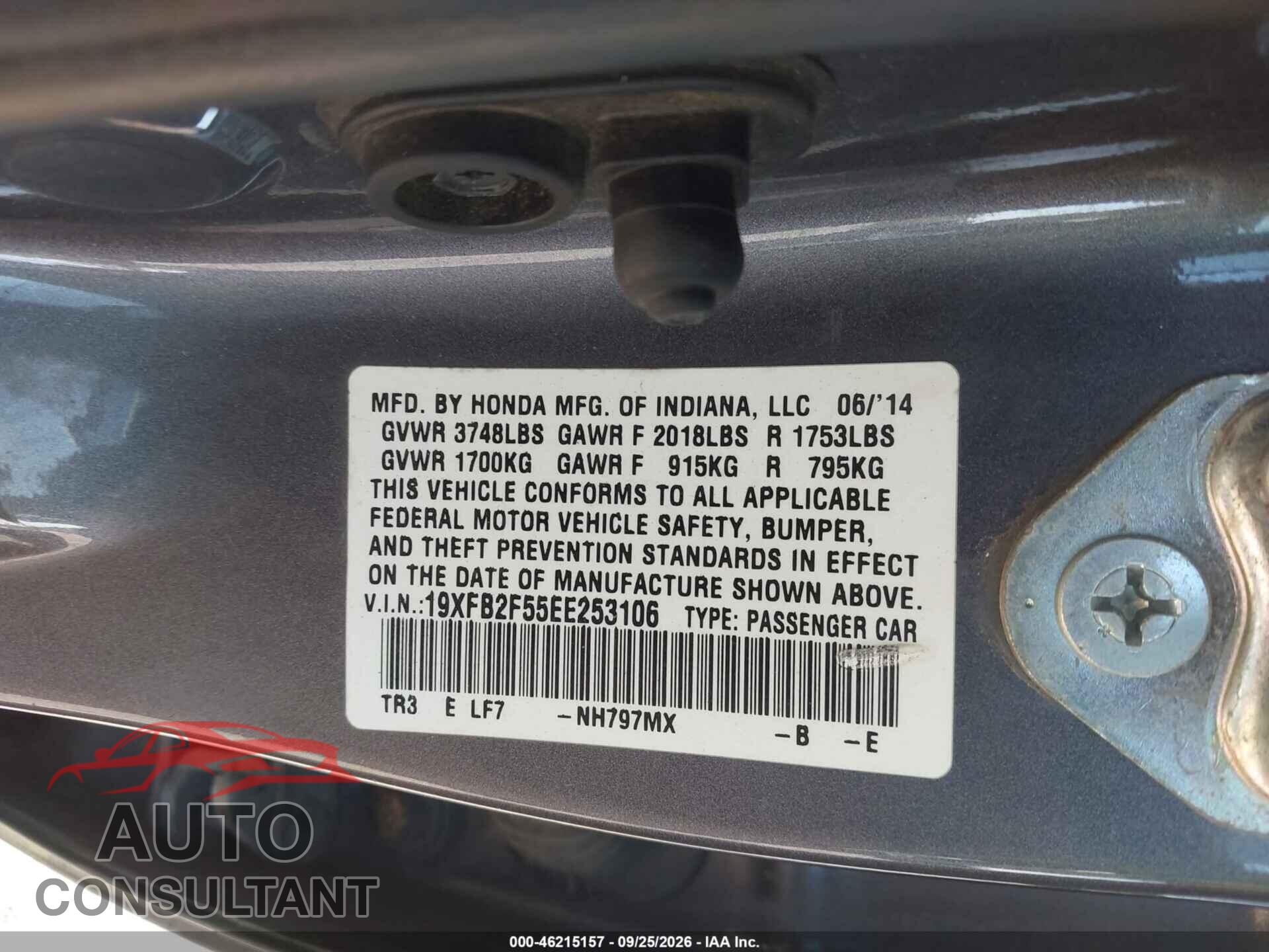 HONDA CIVIC 2014 - 19XFB2F55EE253106