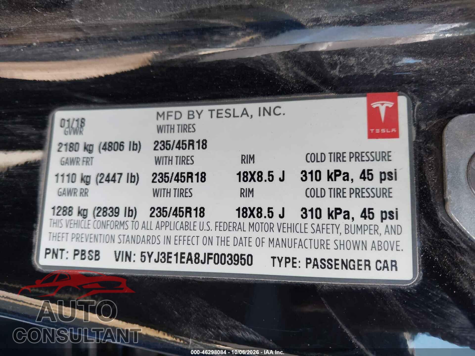 TESLA MODEL 3 2018 - 5YJ3E1EA8JF003950