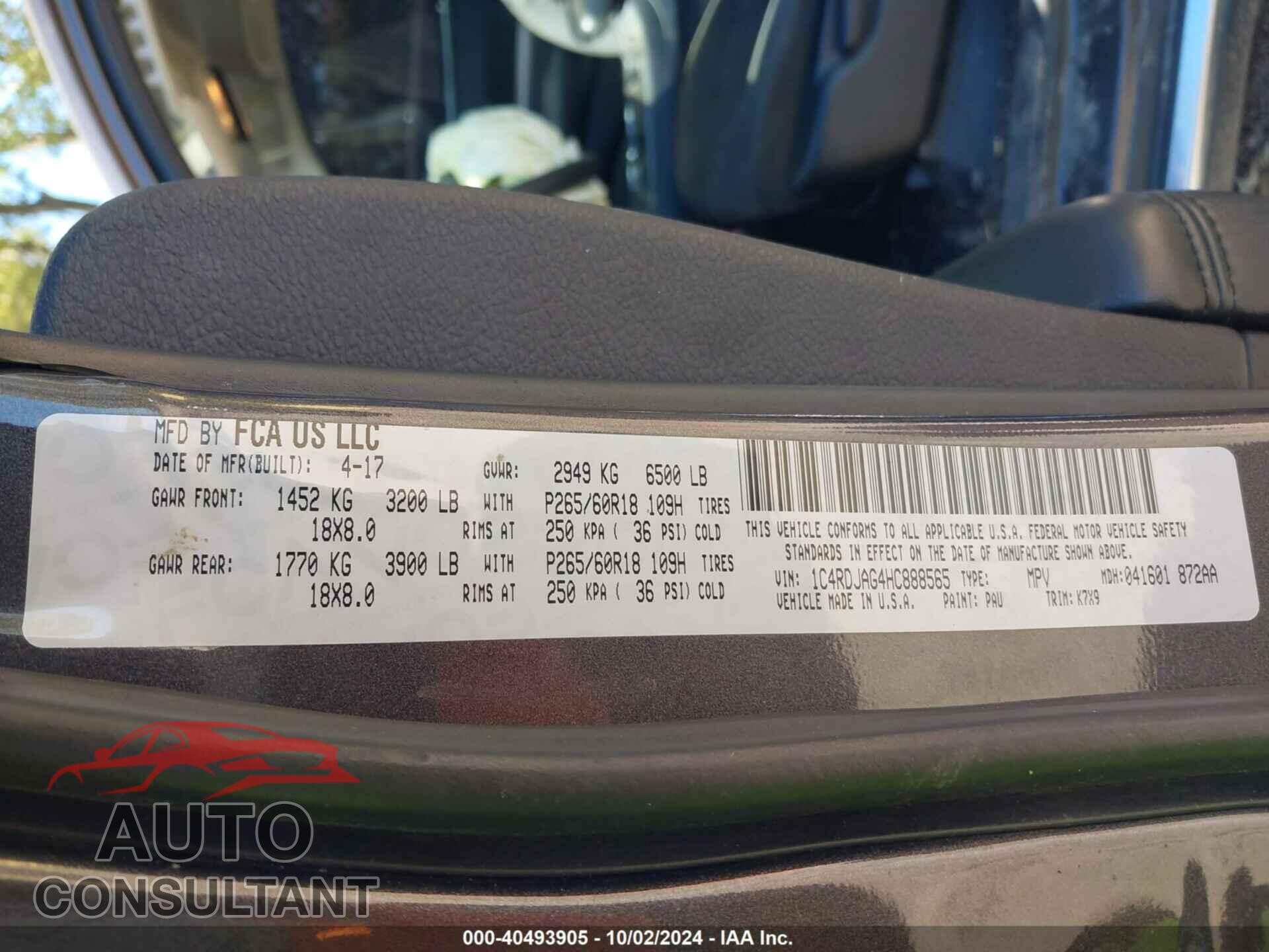 DODGE DURANGO 2017 - 1C4RDJAG4HC888565