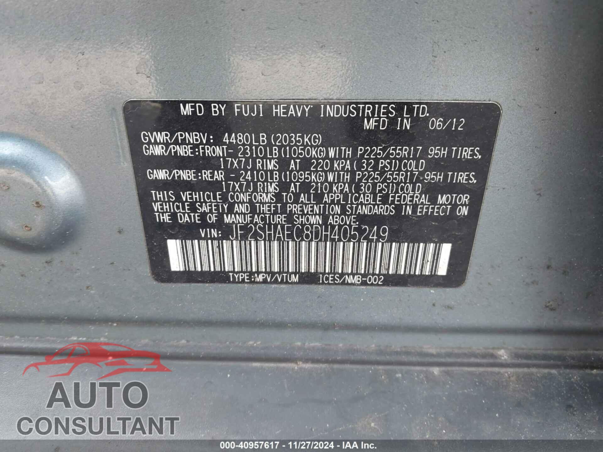 SUBARU FORESTER 2013 - JF2SHAEC8DH405249
