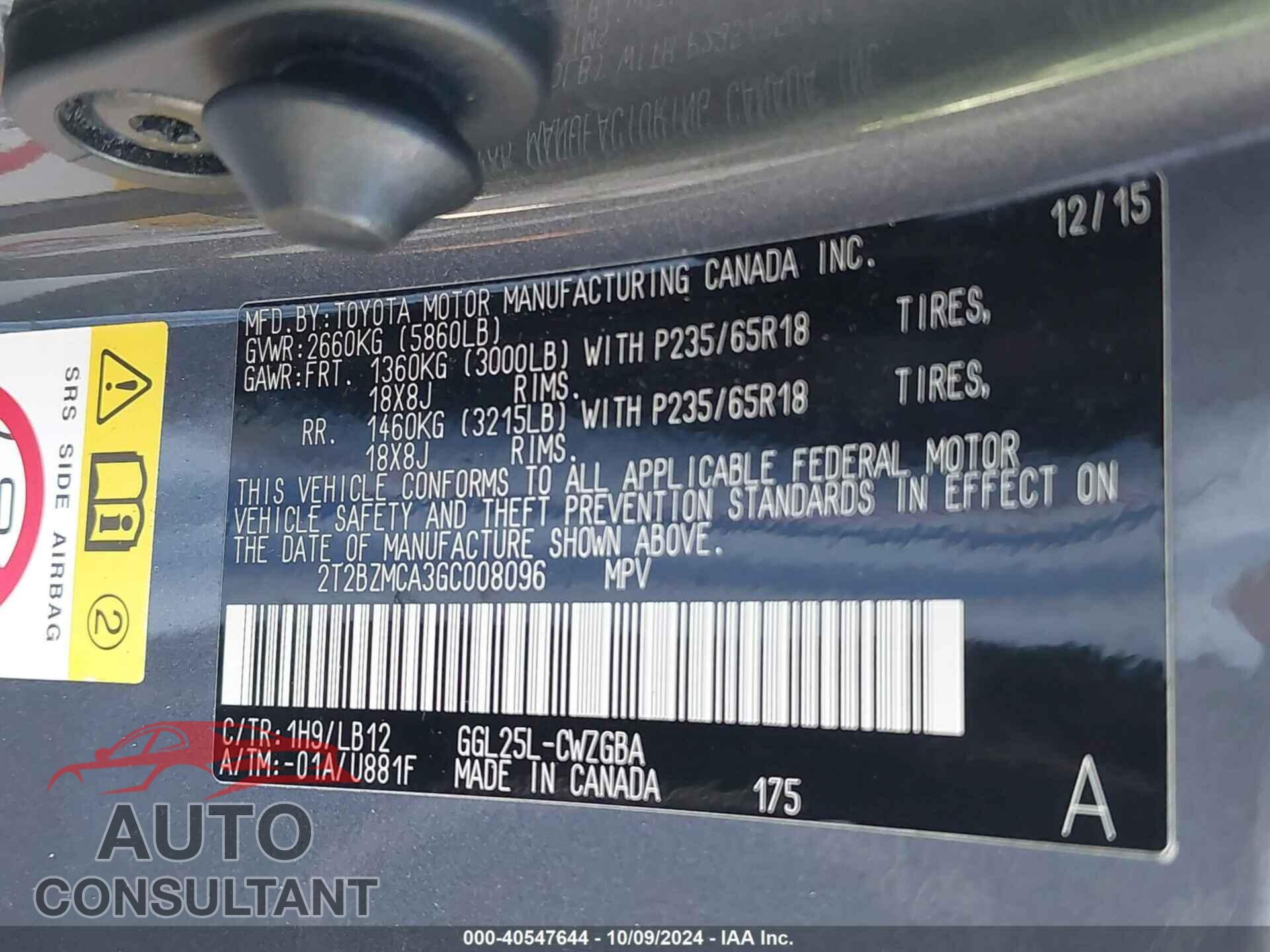 LEXUS RX 2016 - 2T2BZMCA3GC008096
