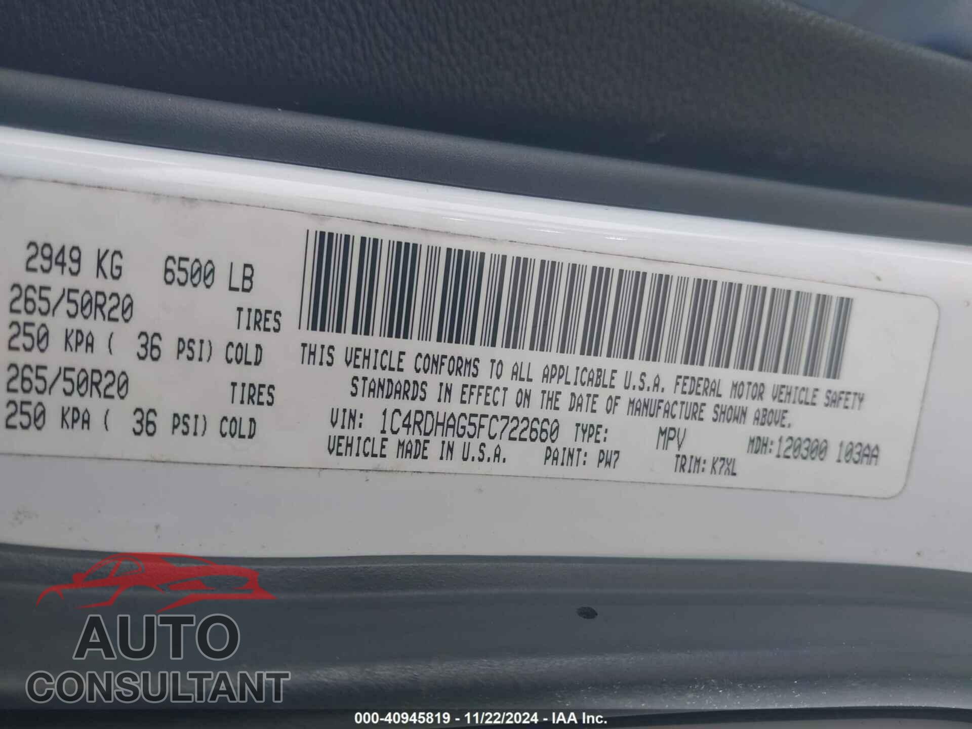 DODGE DURANGO 2015 - 1C4RDHAG5FC722660
