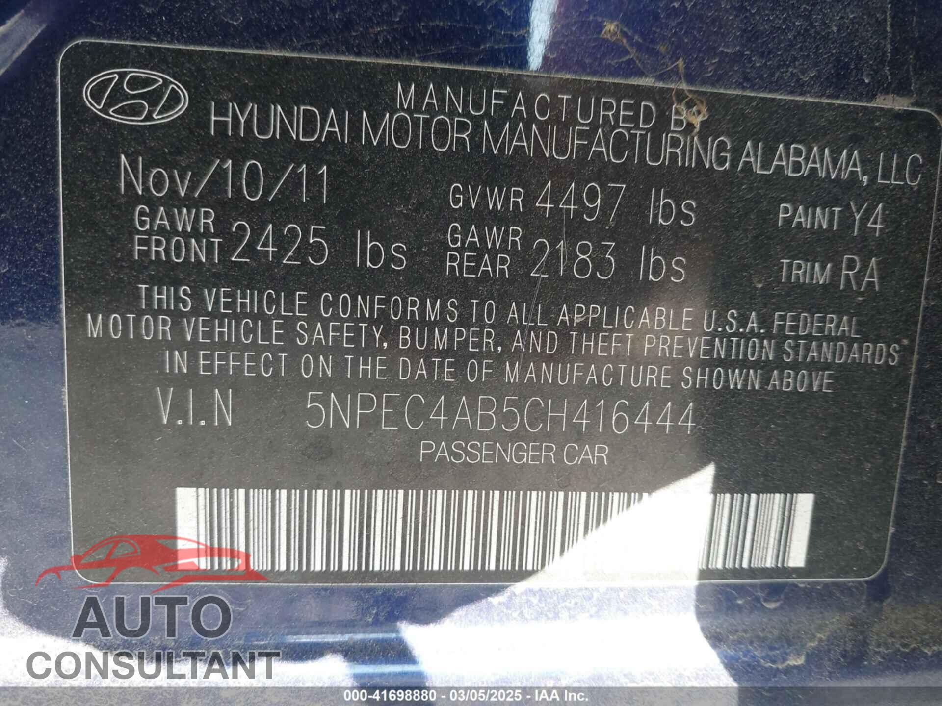 HYUNDAI SONATA 2012 - 5NPEC4AB5CH416444