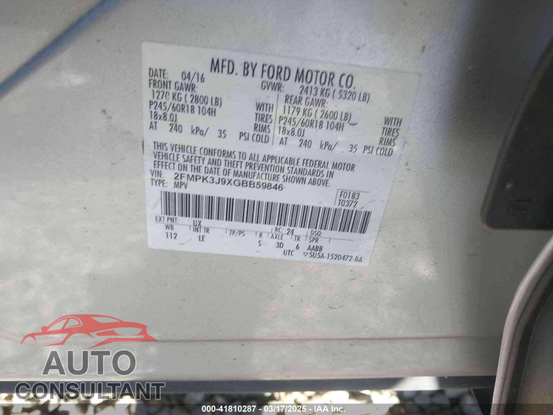 FORD EDGE 2016 - 2FMPK3J9XGBB59846