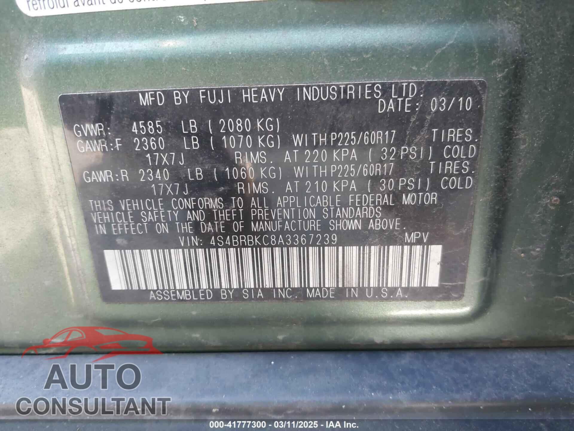 SUBARU OUTBACK 2010 - 4S4BRBKC8A3367239