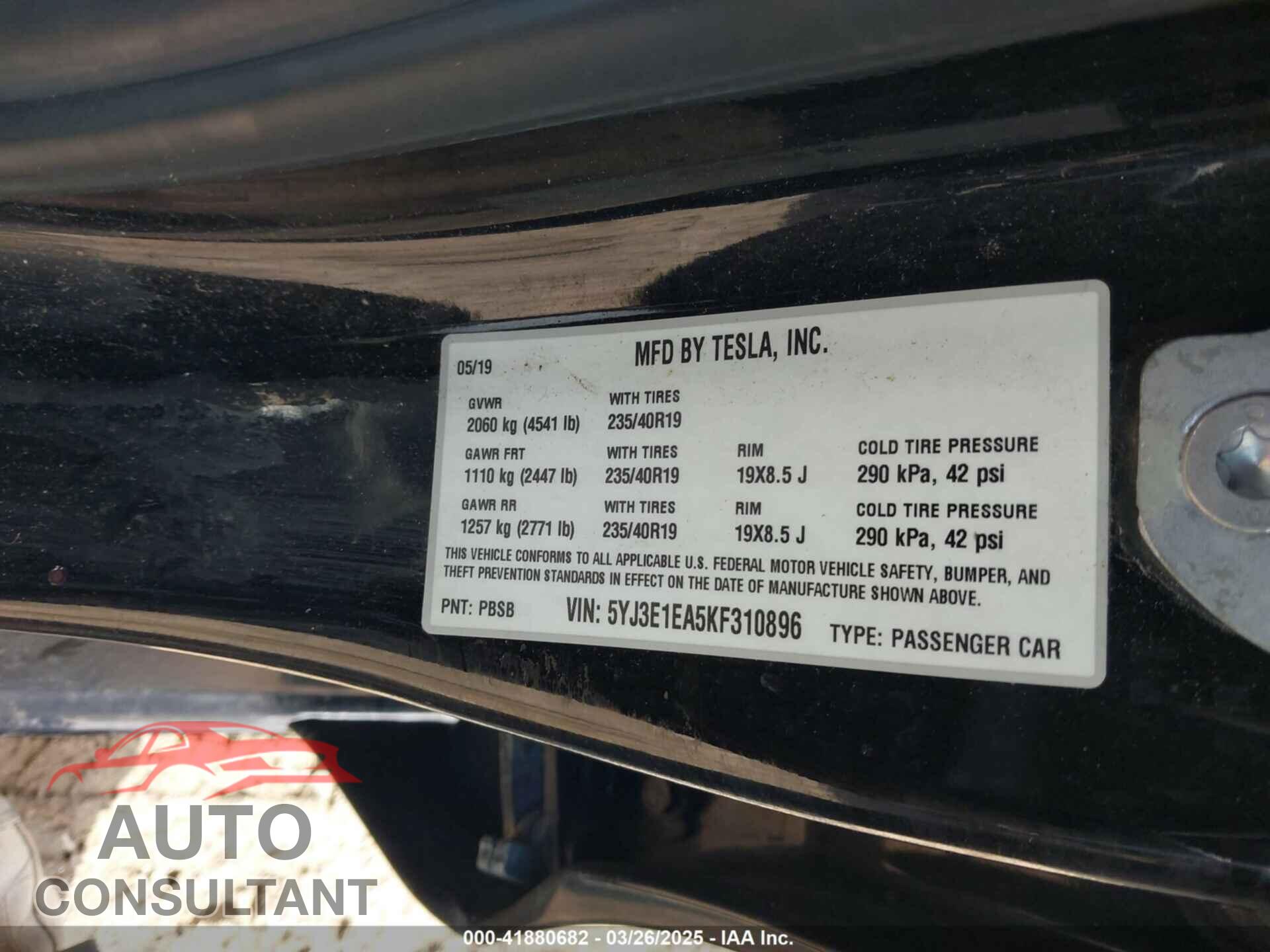 TESLA MODEL 3 2019 - 5YJ3E1EA5KF310896