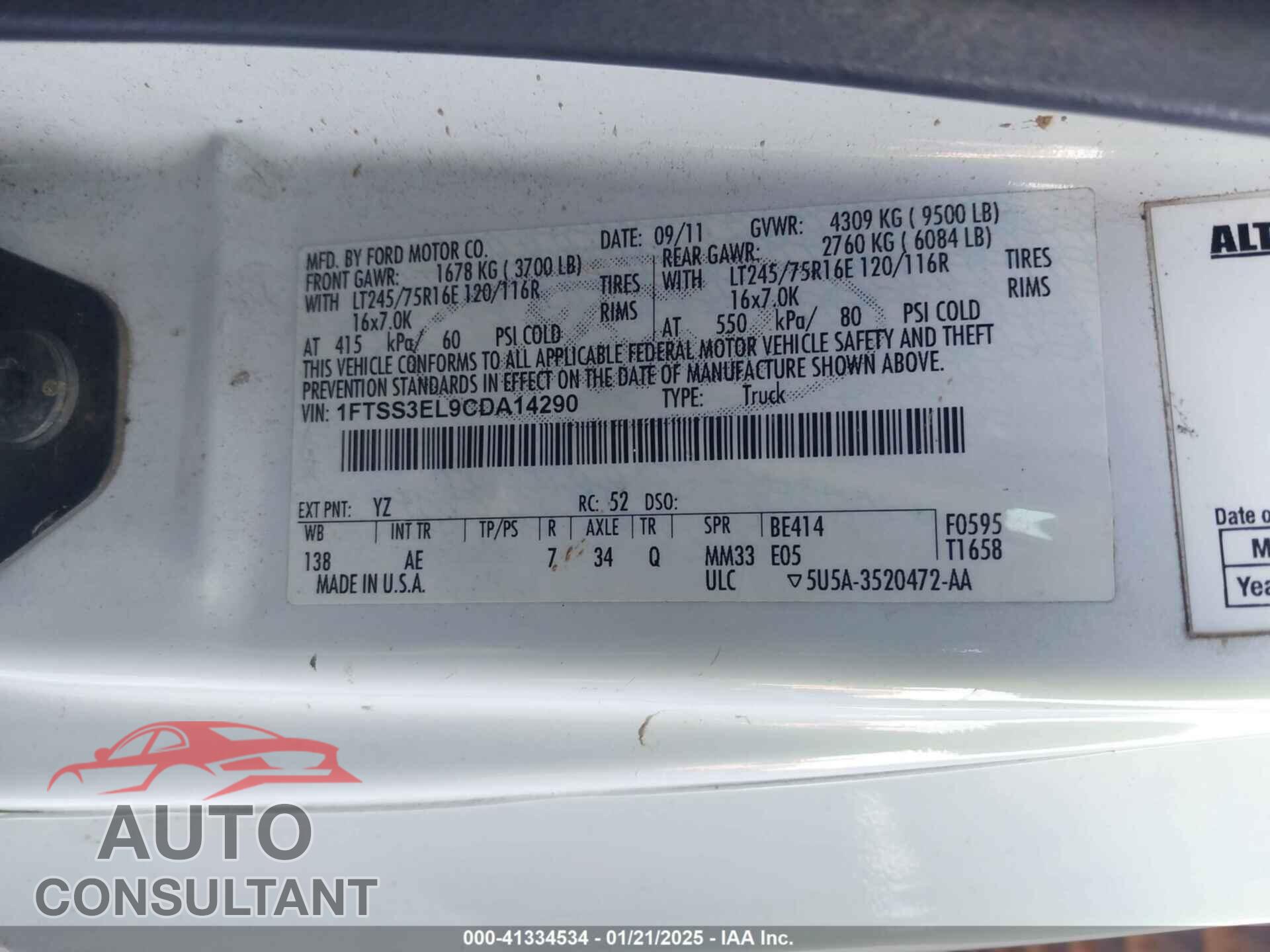 FORD E-350 SUPER DUTY 2012 - 1FTSS3EL9CDA14290