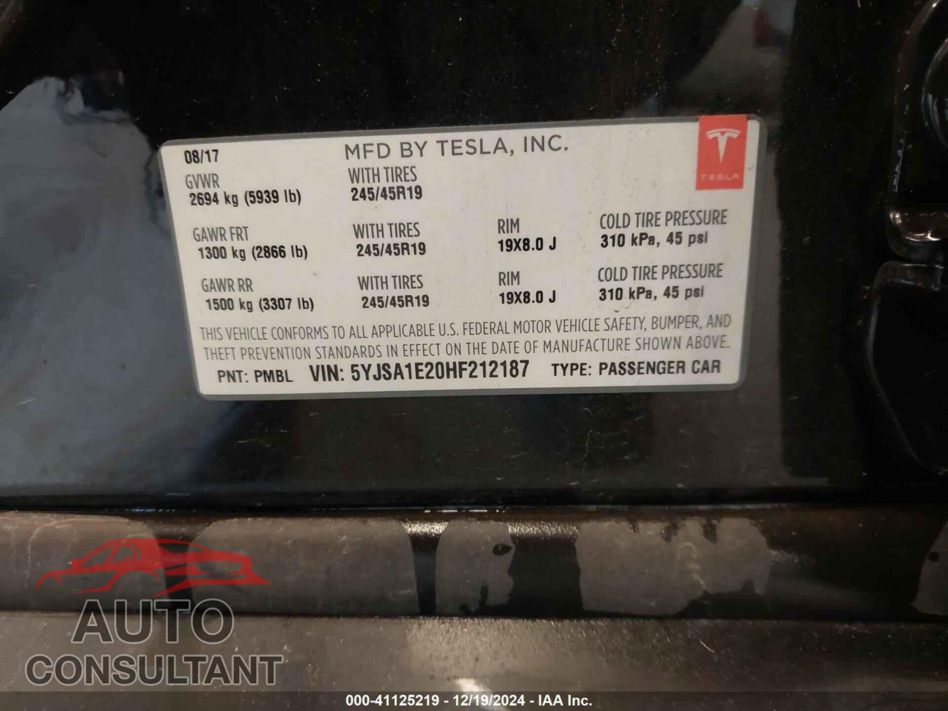 TESLA MODEL S 2017 - 5YJSA1E20HF212187