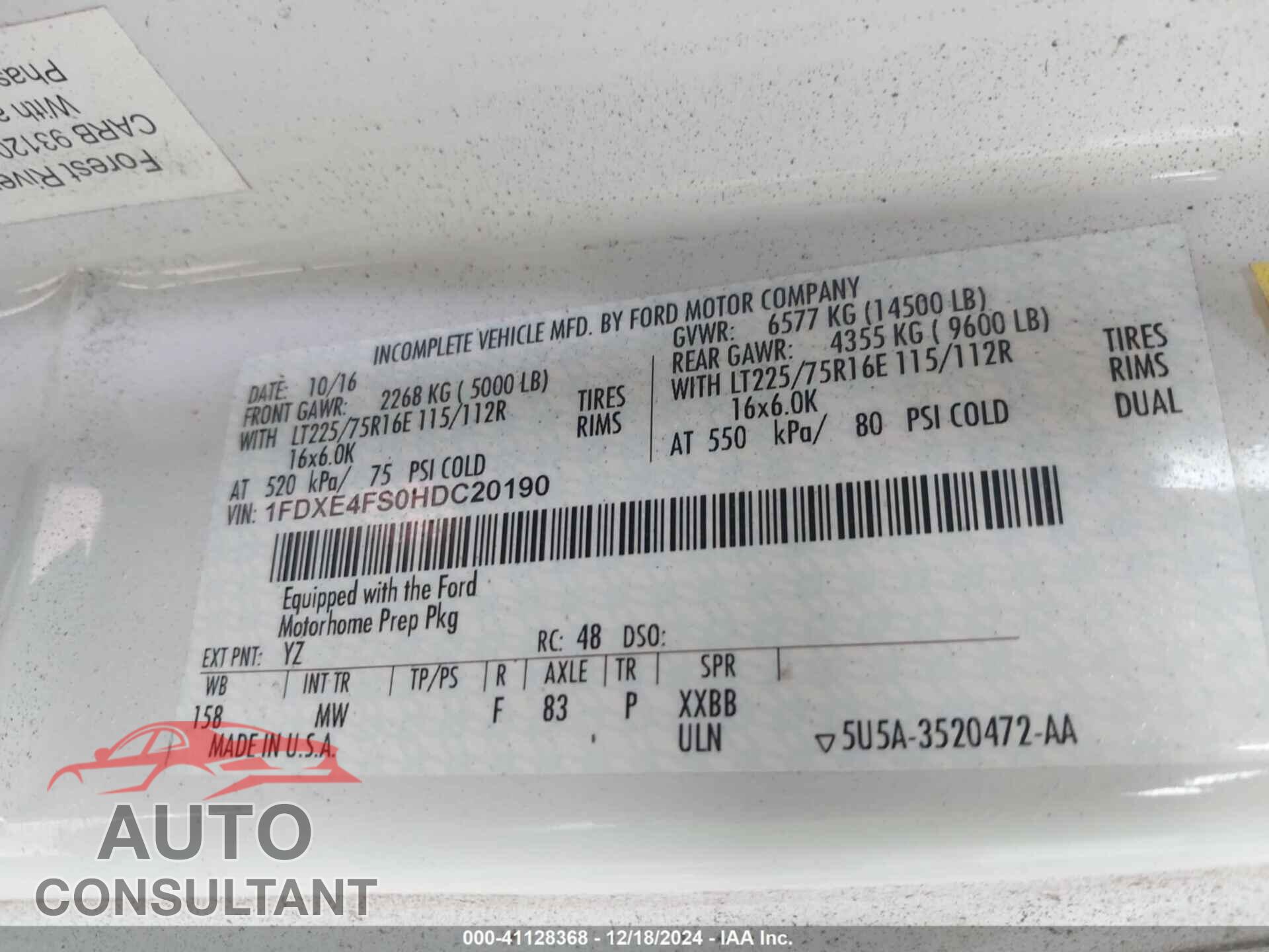 FORD E-450 CUTAWAY 2017 - 1FDXE4FS0HDC20190