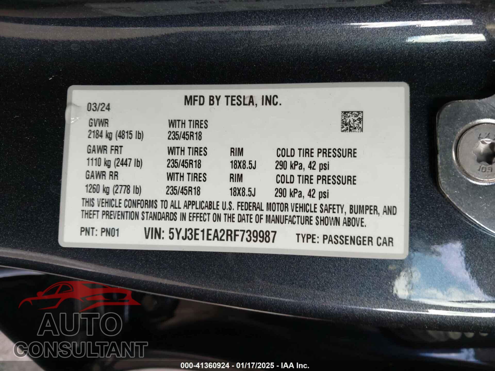 TESLA MODEL 3 2024 - 5YJ3E1EA2RF739987