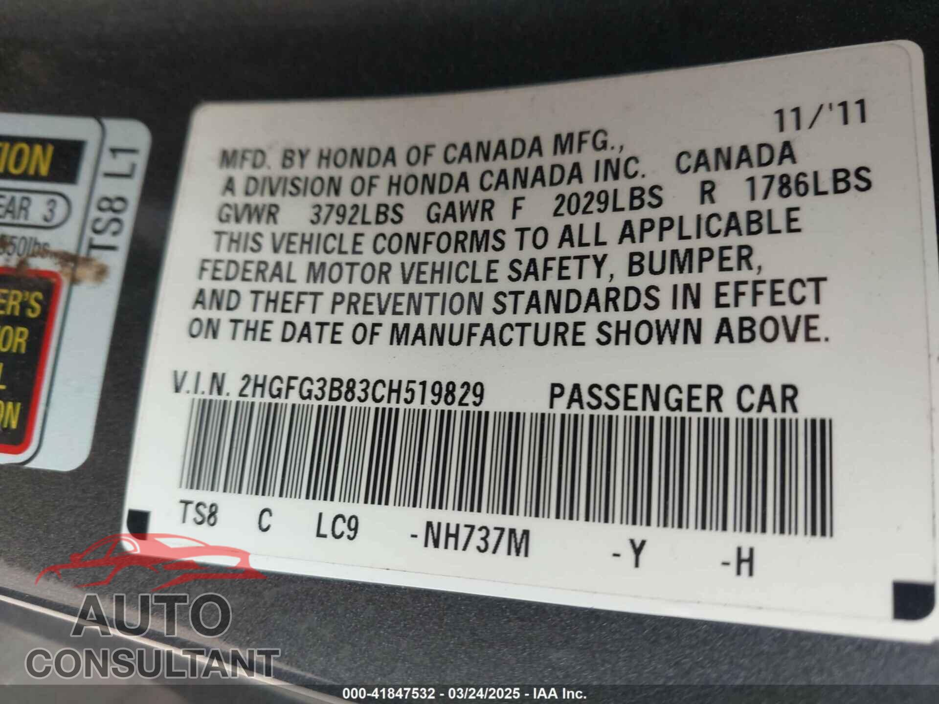 HONDA CIVIC 2012 - 2HGFG3B83CH519829