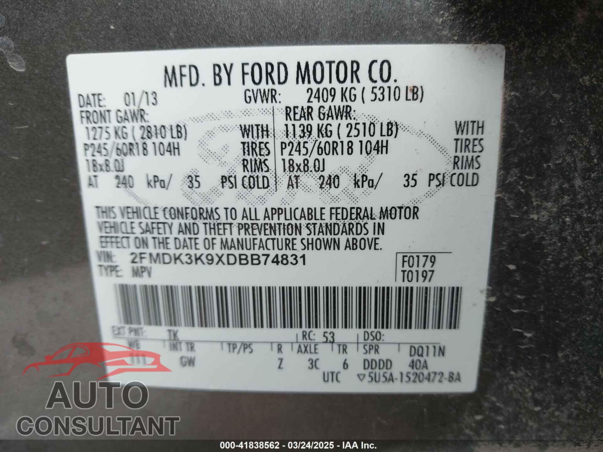 FORD EDGE 2013 - 2FMDK3K9XDBB74831