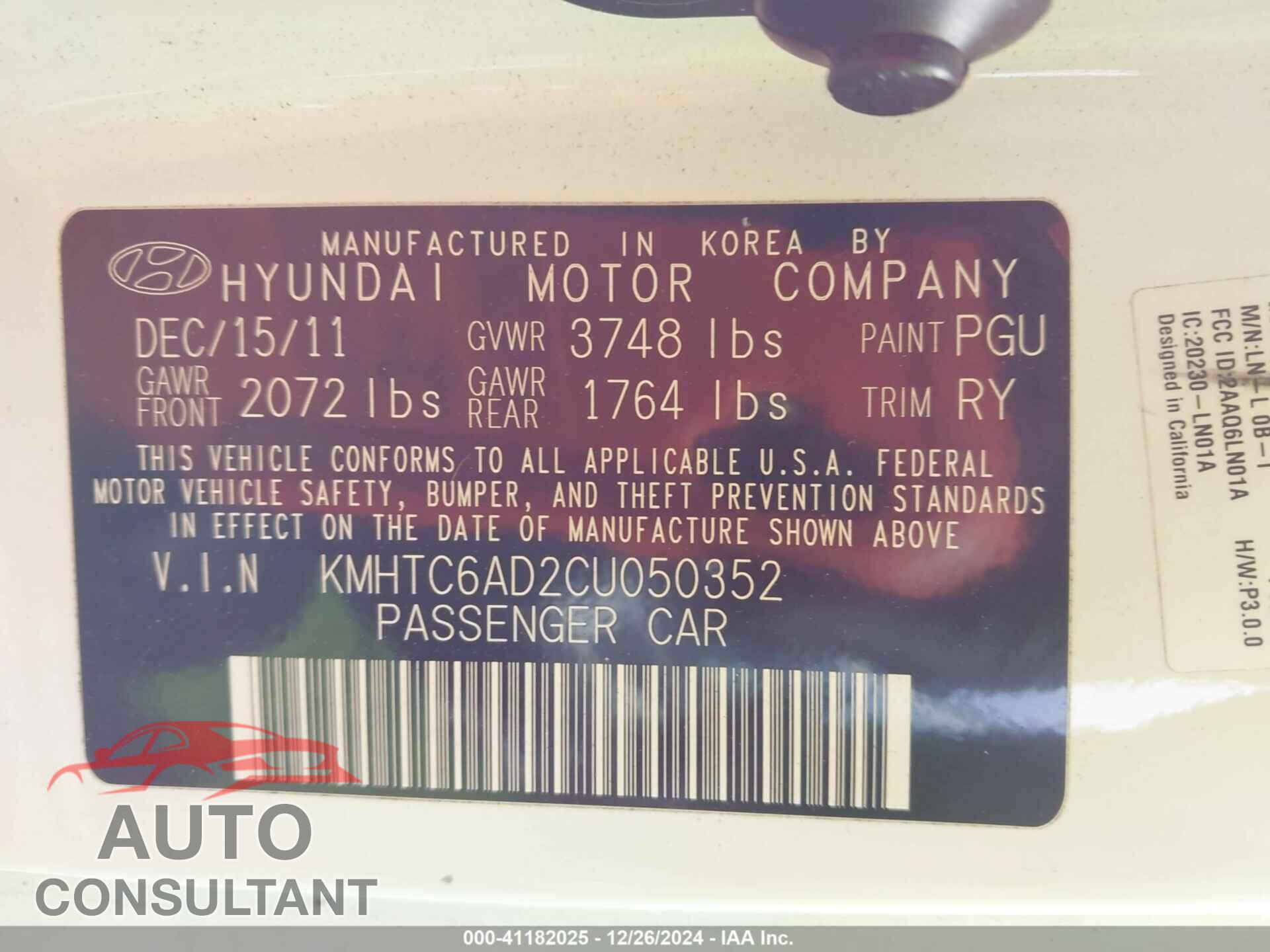 HYUNDAI VELOSTER 2012 - KMHTC6AD2CU050352