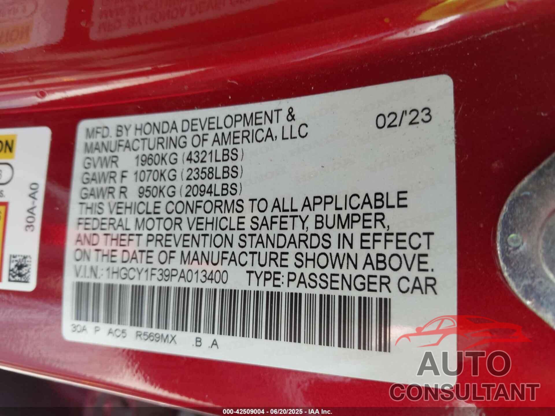 HONDA ACCORD 2023 - 1HGCY1F39PA013400
