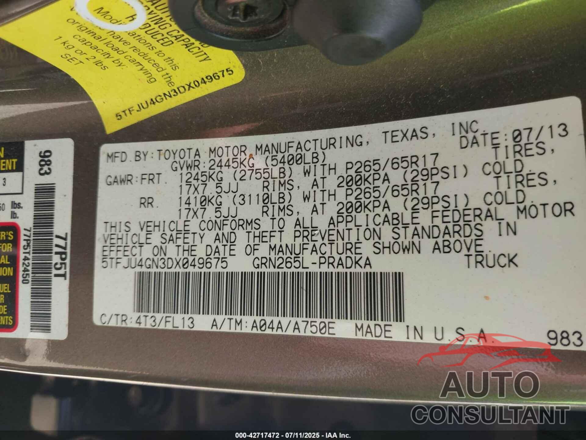 TOYOTA TACOMA 2013 - 5TFJU4GN3DX049675
