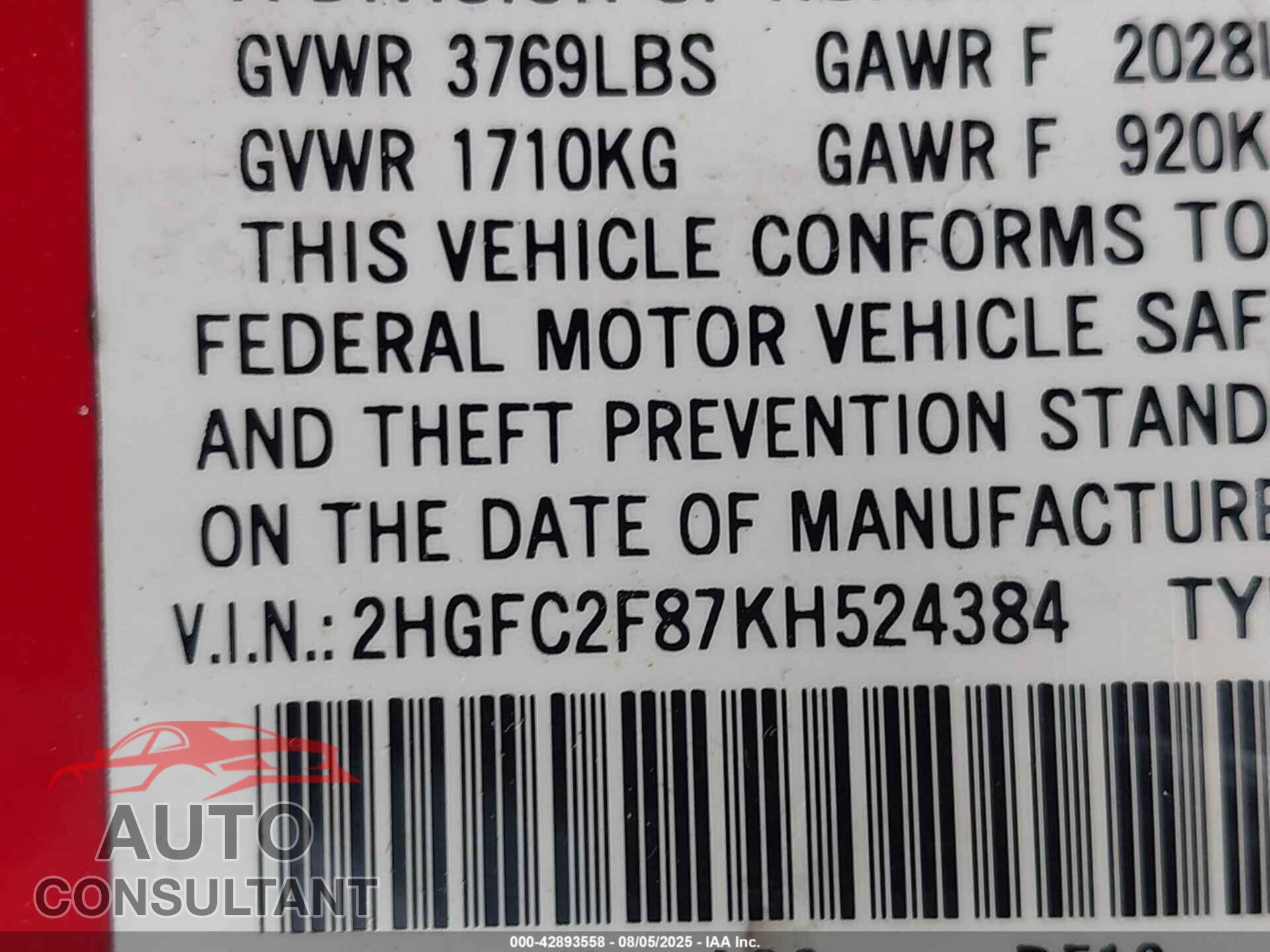 HONDA CIVIC 2019 - 2HGFC2F87KH524384