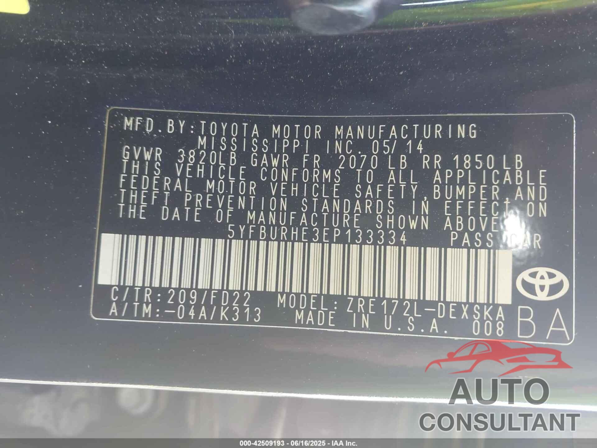 TOYOTA COROLLA 2014 - 5YFBURHE3EP133334