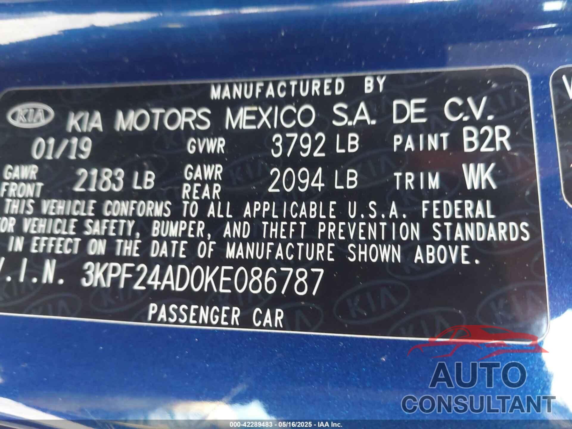 KIA FORTE 2019 - 3KPF24AD0KE086787