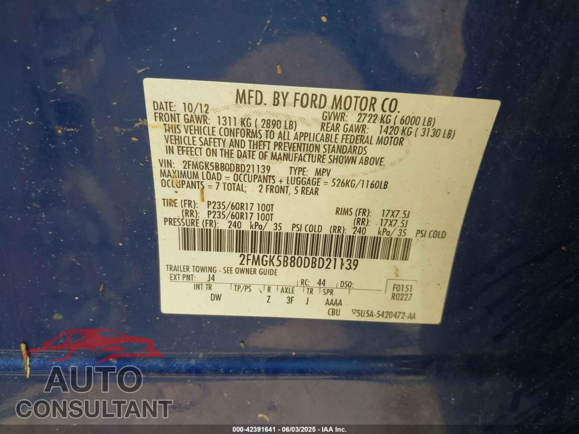 FORD FLEX 2013 - 2FMGK5B80DBD21139