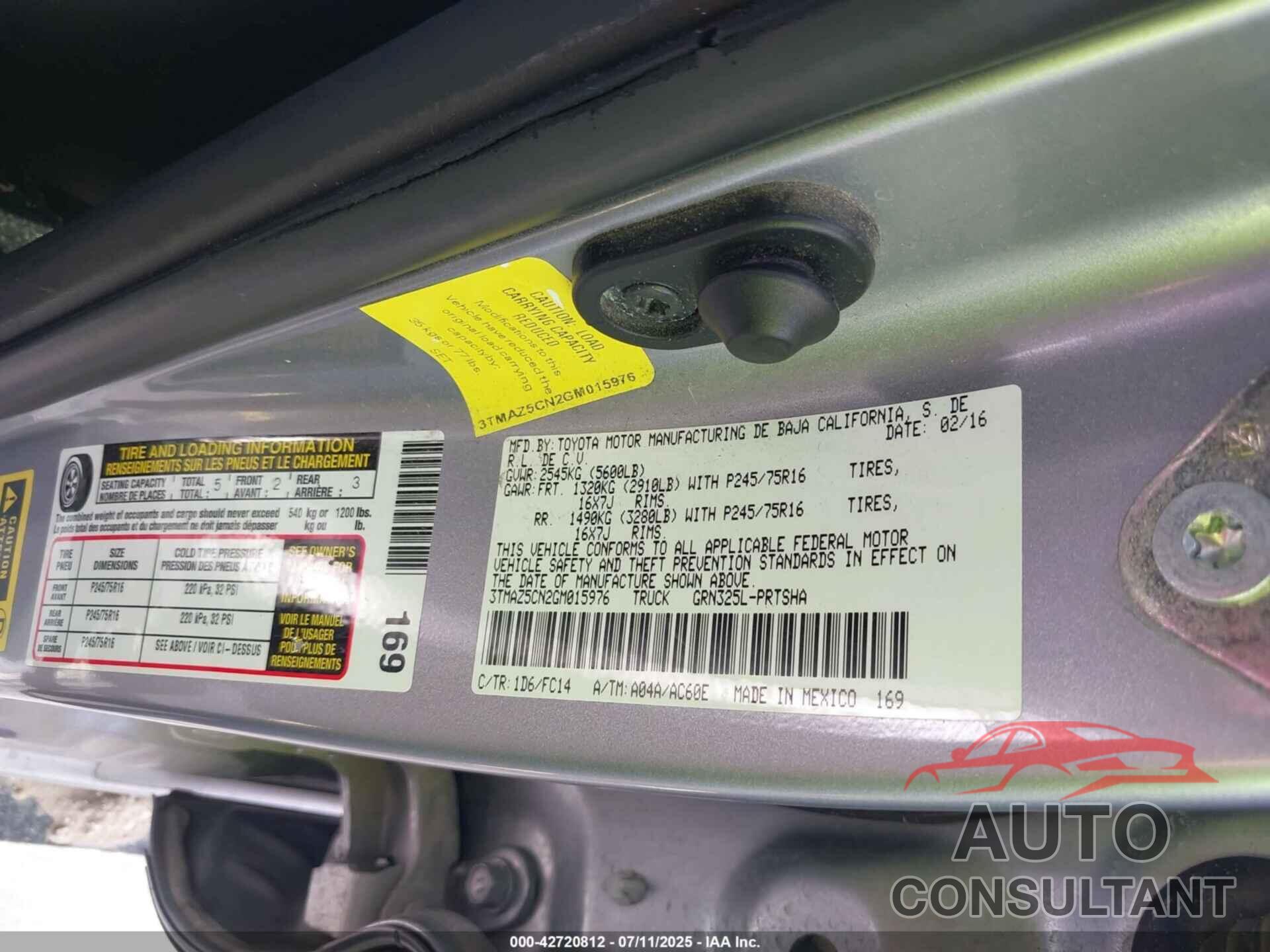 TOYOTA TACOMA 2016 - 3TMAZ5CN2GM015976