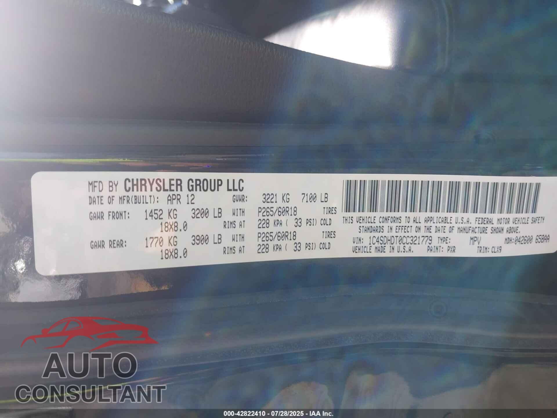 DODGE DURANGO 2012 - 1C4SDHDT0CC321779