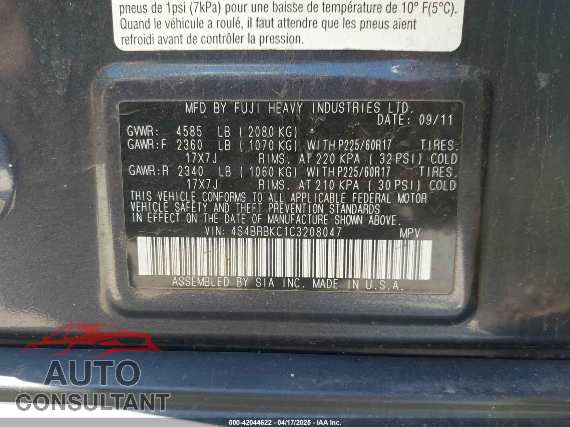 SUBARU OUTBACK 2012 - 4S4BRBKC1C3208047
