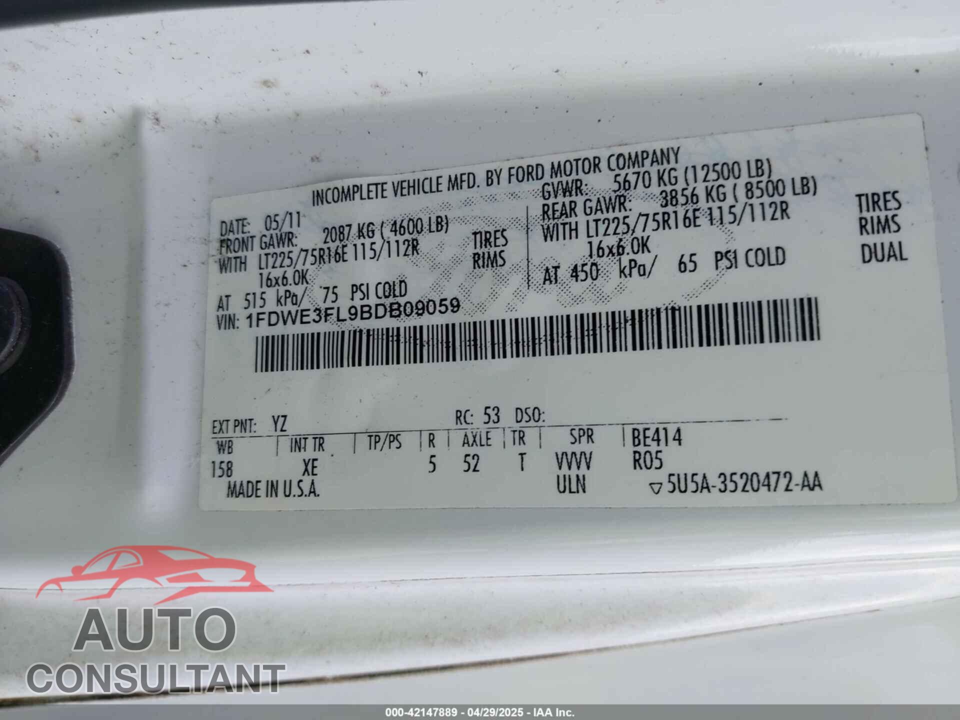 FORD E-350 CUTAWAY 2011 - 1FDWE3FL9BDB09059