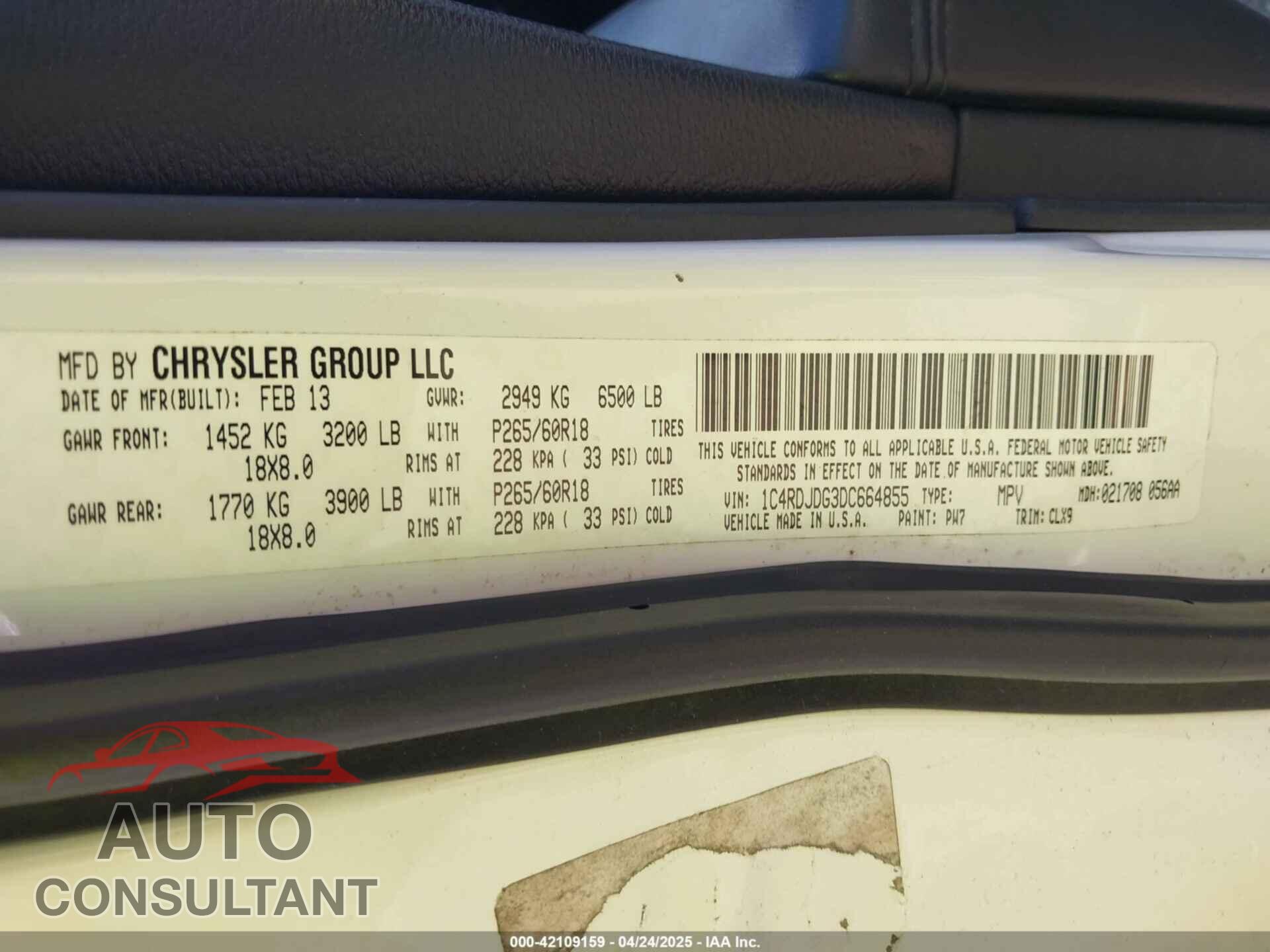 DODGE DURANGO 2013 - 1C4RDJDG3DC664855