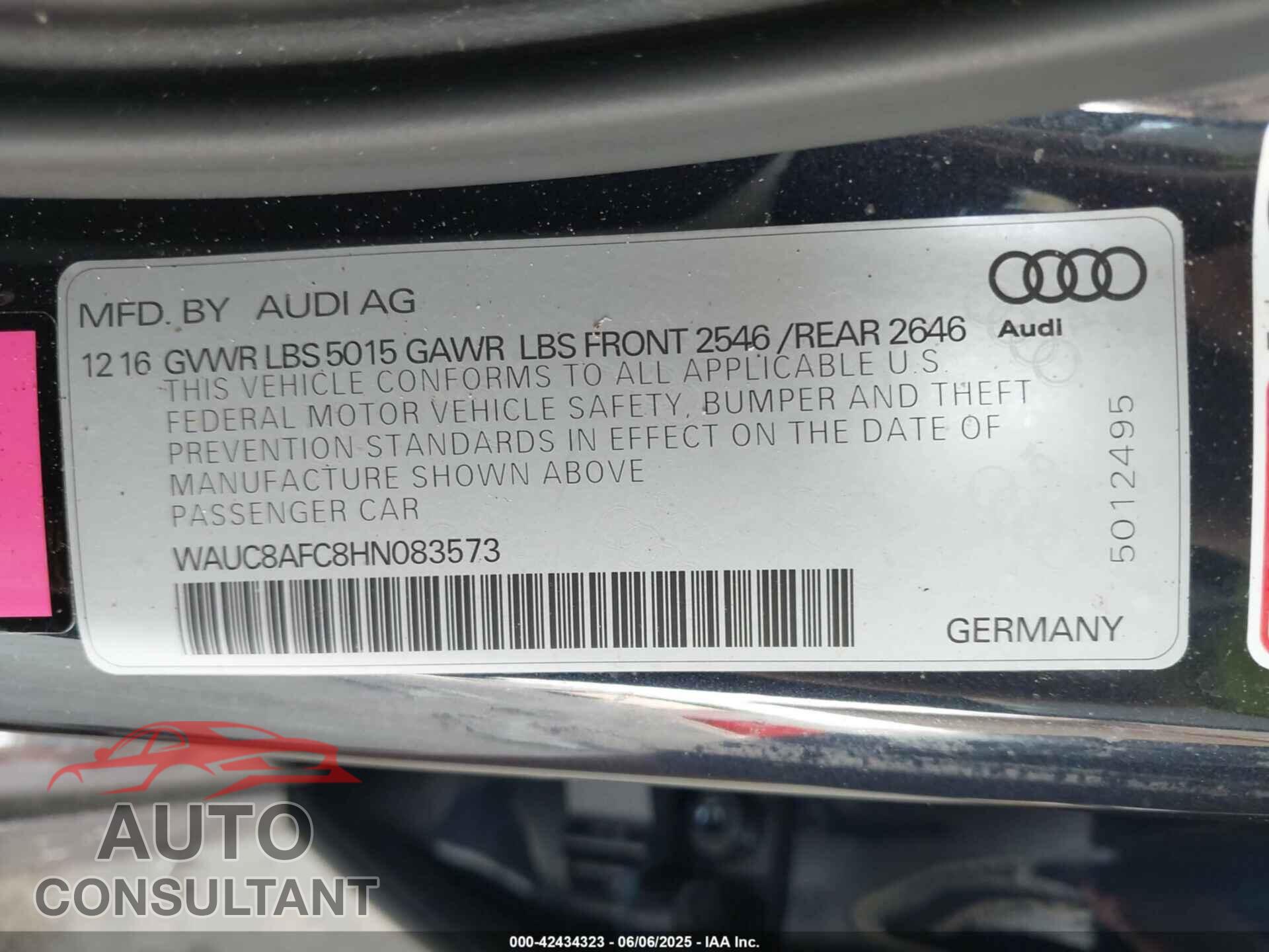 AUDI A6 2017 - WAUC8AFC8HN083573