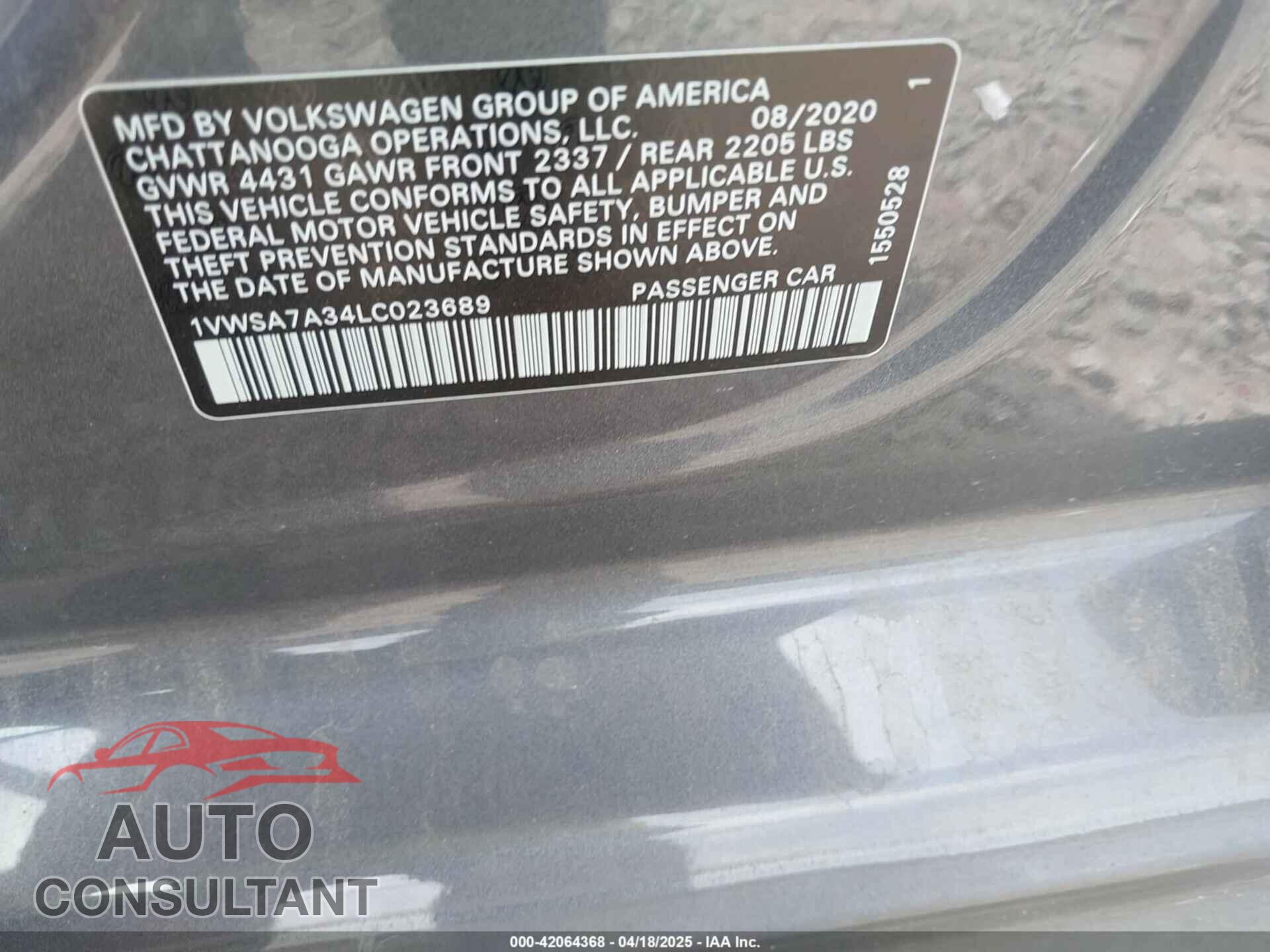 VOLKSWAGEN PASSAT 2020 - 1VWSA7A34LC023689