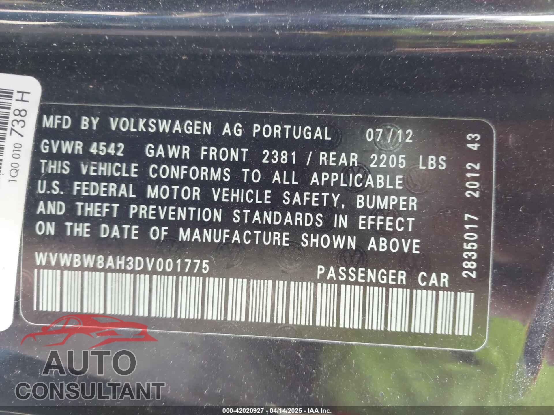 VOLKSWAGEN EOS 2013 - WVWBW8AH3DV001775