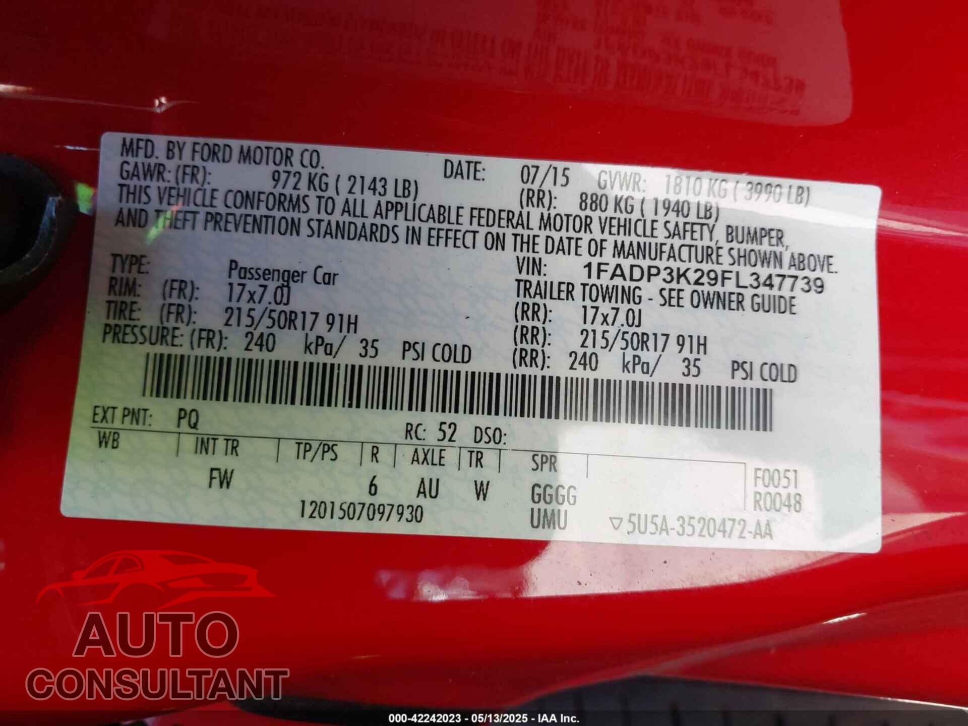 FORD FOCUS 2015 - 1FADP3K29FL347739
