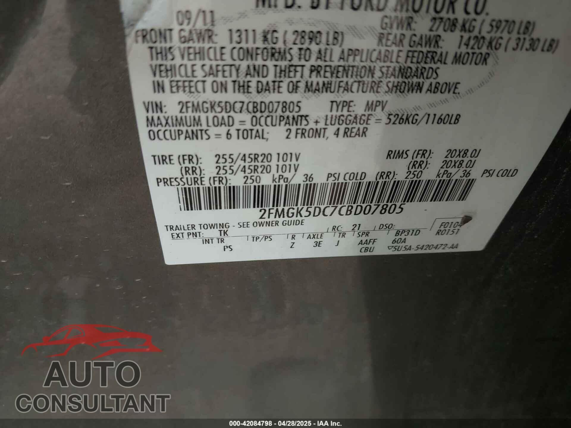 FORD FLEX 2012 - 2FMGK5DC7CBD07805