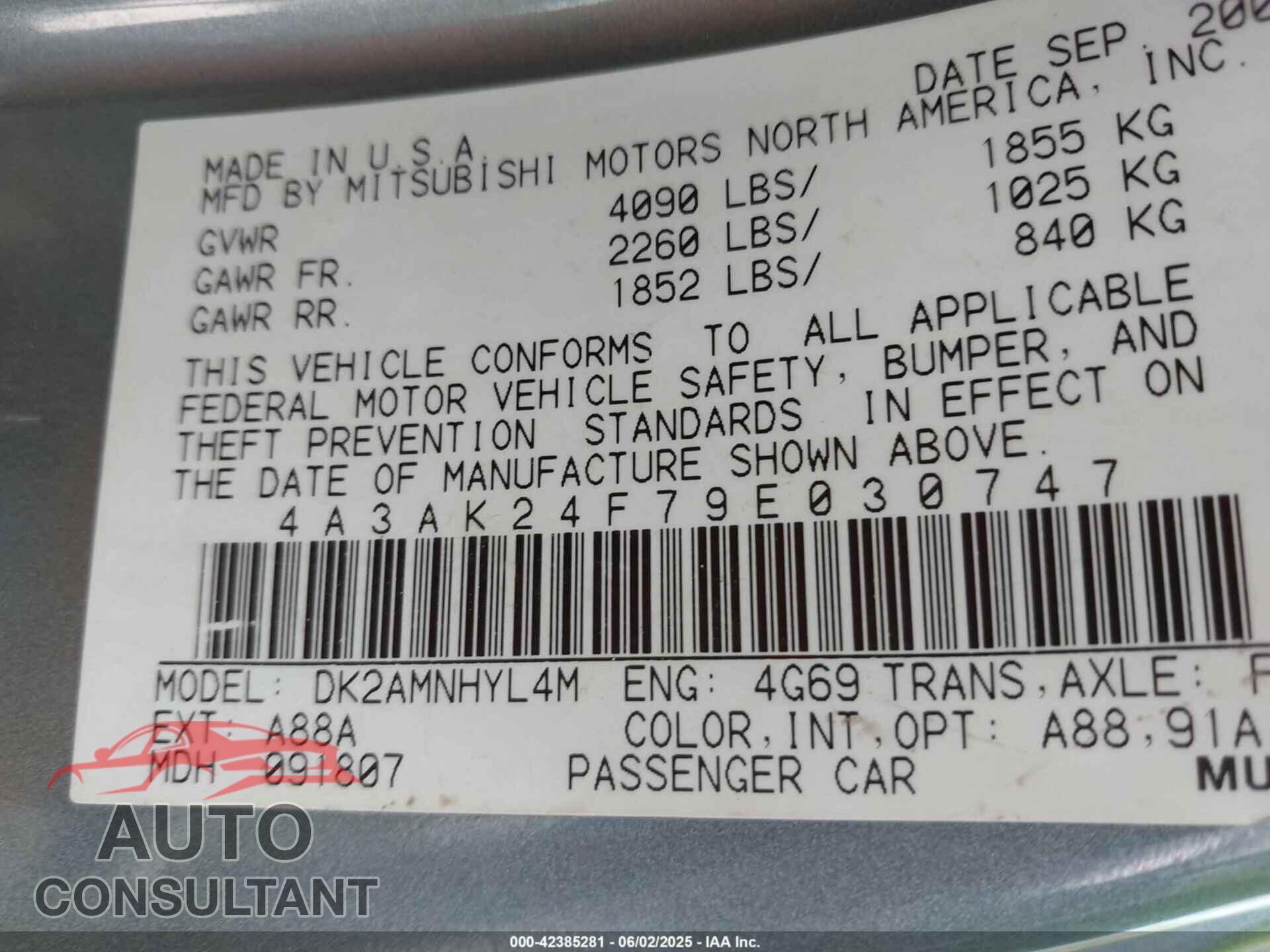 MITSUBISHI ECLIPSE 2009 - 4A3AK24F79E030747