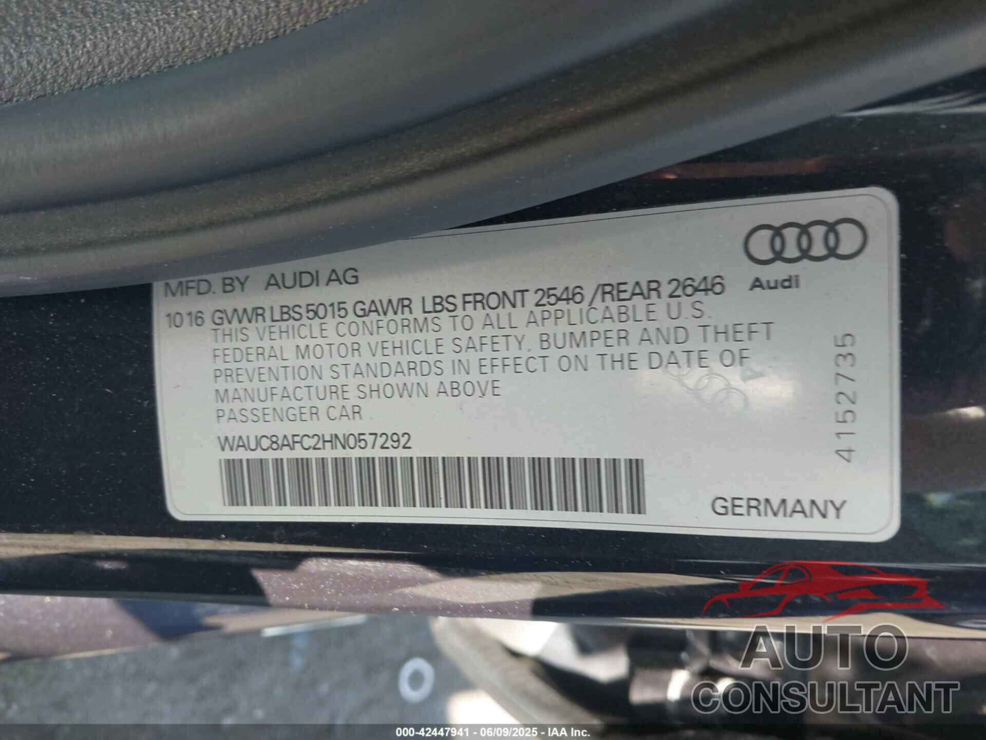 AUDI A6 2017 - WAUC8AFC2HN057292