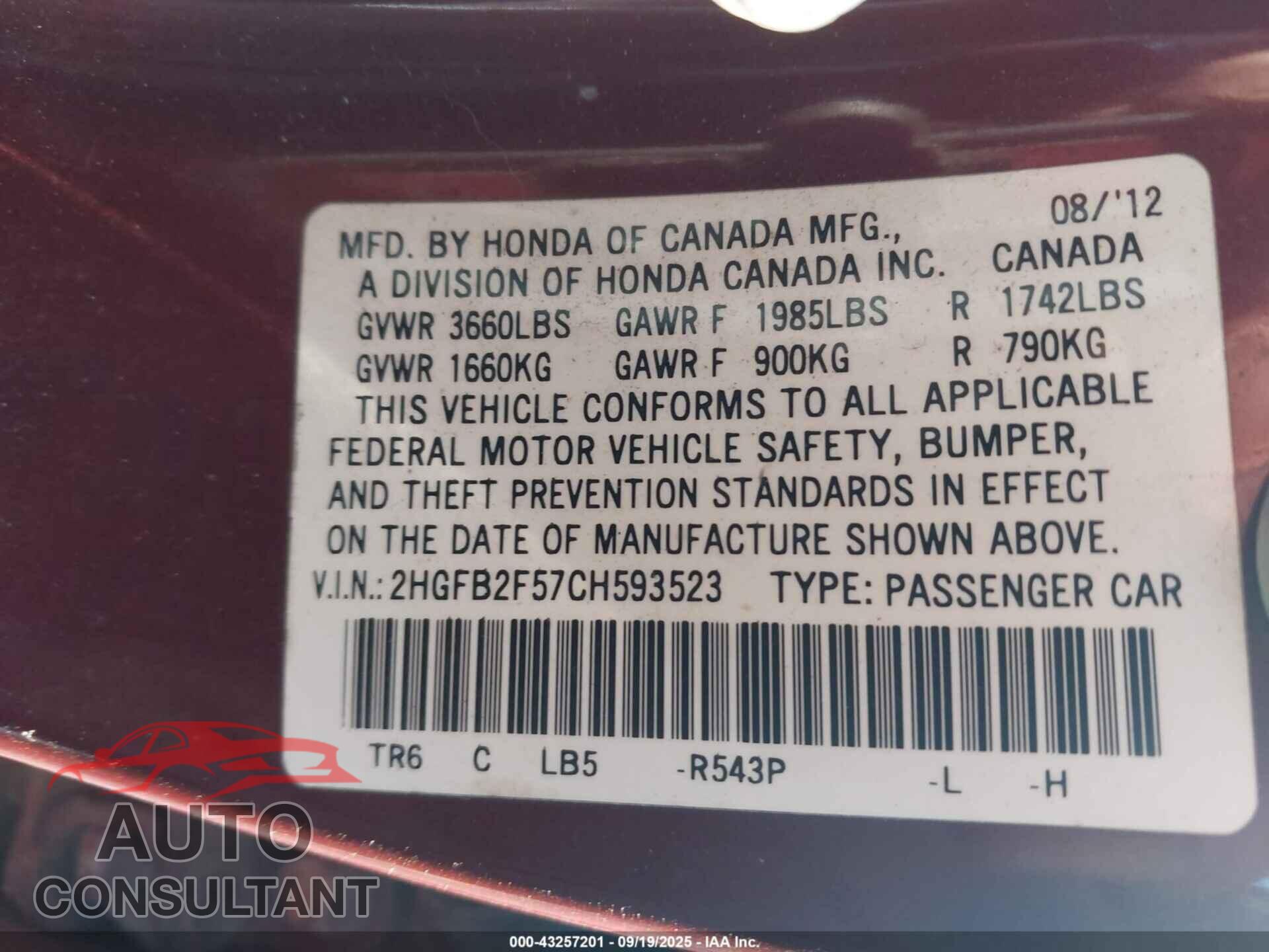 HONDA CIVIC 2012 - 2HGFB2F57CH593523
